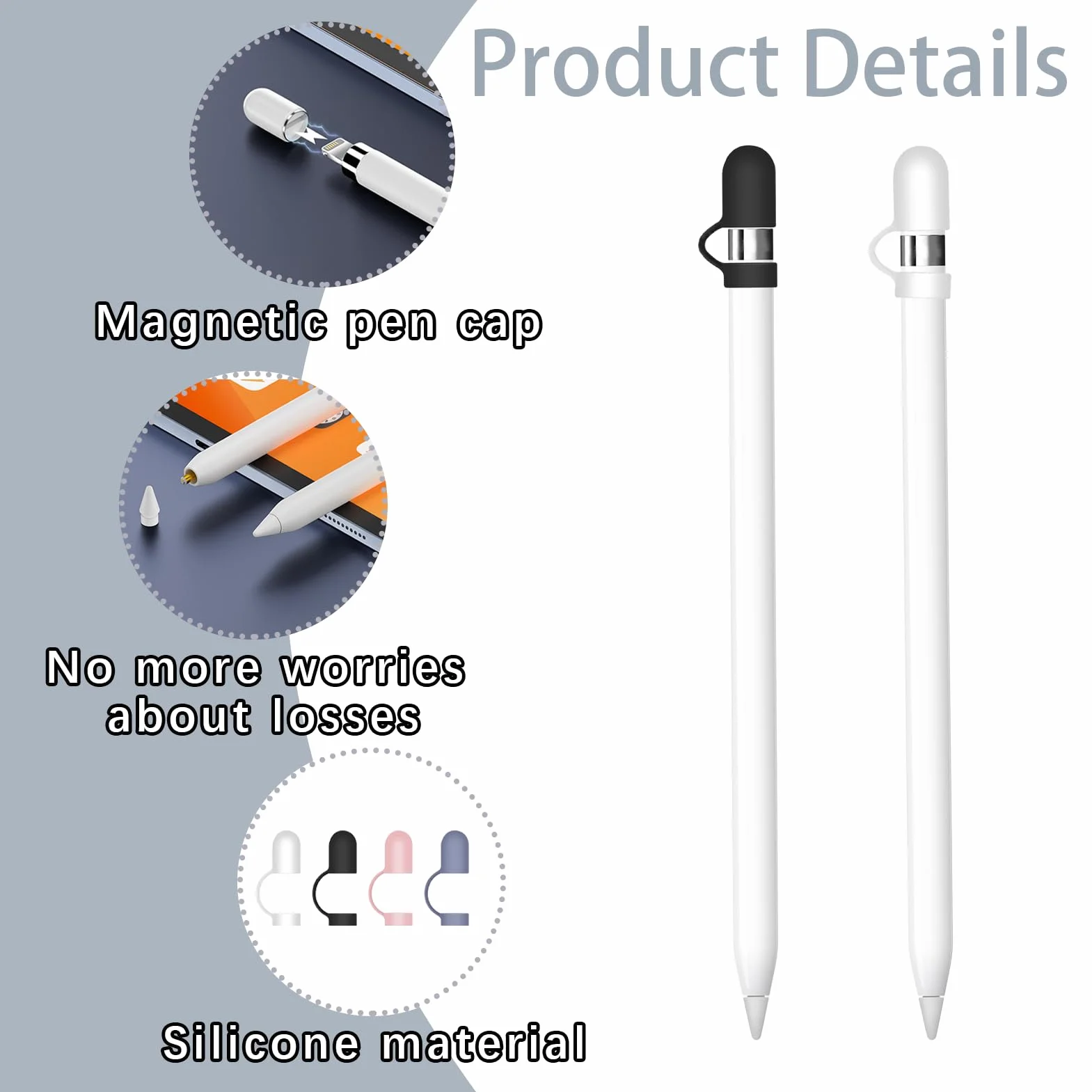 8 szt. zatyczek na ołówki Apple Pencil (2 białe nasadki i końcówki, 4 x etui ochronne, końcówki), nakładka na rysik Apple Pencil 1. generacji, silikonowe zabezpieczenie przed zgubieniem