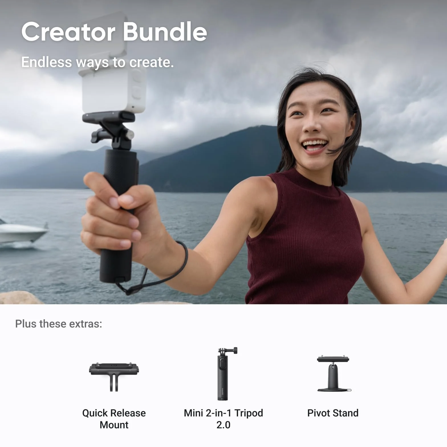 Insta360 Pakiet GO Ultra Creator Arctic White – mała kamera 4K, lekka i przenośna, doskonałość przy słabym oświetleniu, montaż w dowolnym miejscu, stabilizacja FlowState, żywotność baterii 200 min