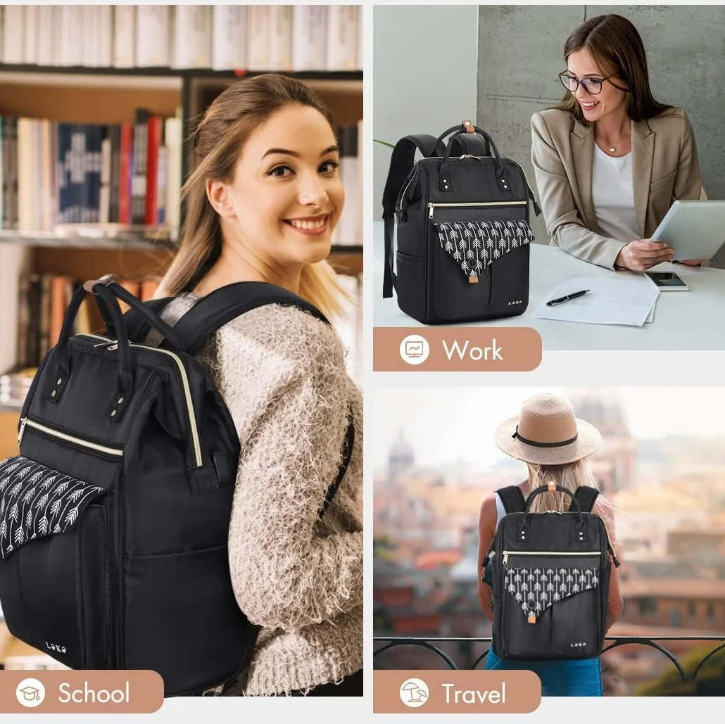 Lekesky Plecak damski, wielofunkcyjny plecak na komputer damski 15,6 cala z torbą antykradzieżową, wodoodporny biznesowy laptop elegancki do podróży, biura, uniwersytetu, Czarny nadruk, 17.3, Casual