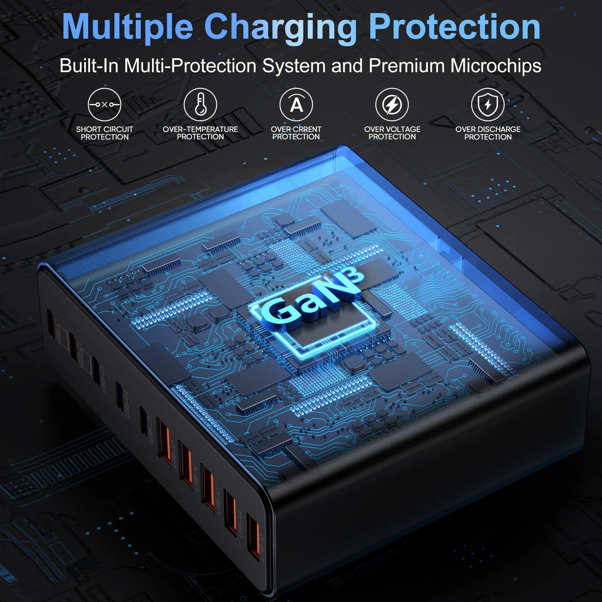 Blok ładujący USB C 800 W, 10-portowa stacja ładująca GaN typu C, adapter ładowarki ściennej USB A do MacBooka Pro/Air, iPhone, iPad, Dell XPS, Samsung Galaxy (czarny błyszczący)