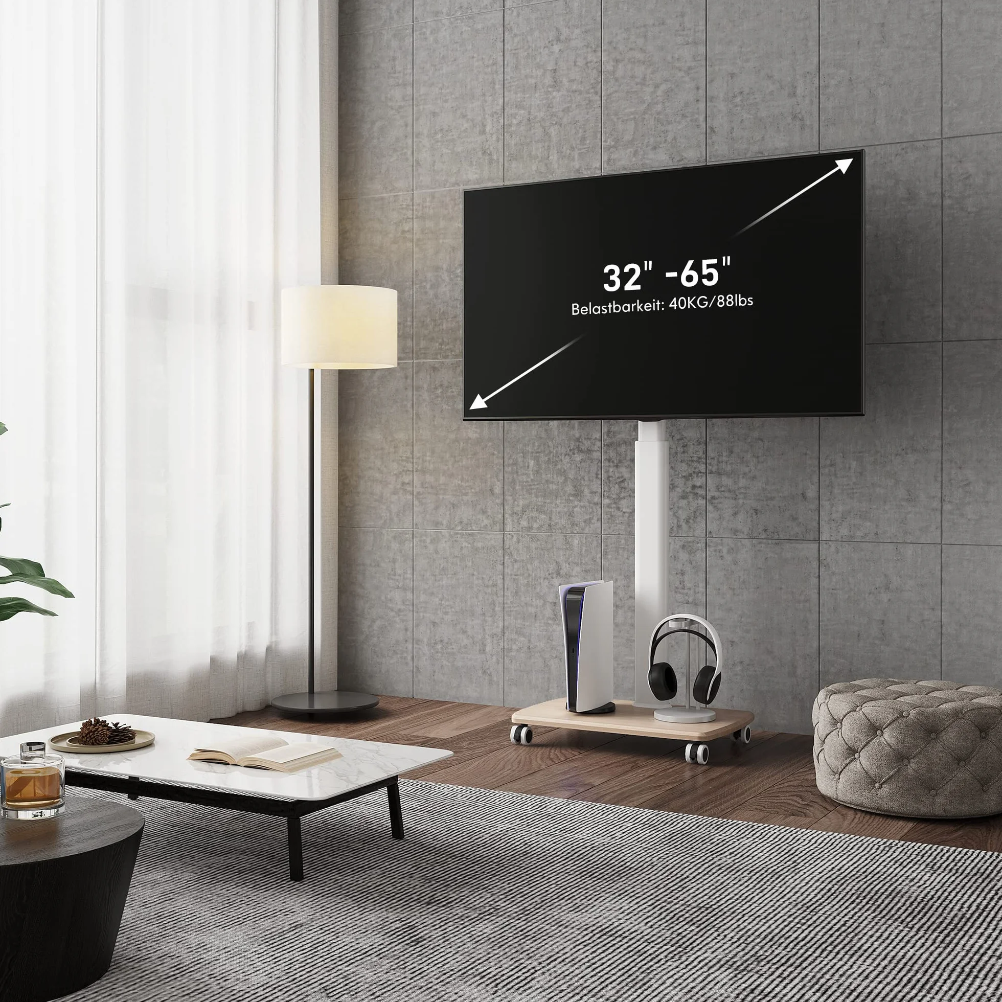 FITUEYES Biały stojak na telewizor na kółkach z 20mm drewnianą podstawą na telewizory 32–70 cali, mobilny wózek na telewizor z obrotem 60° i 6 regulowanymi wysokościami, maks. VESA 600x400mm, uchwyt