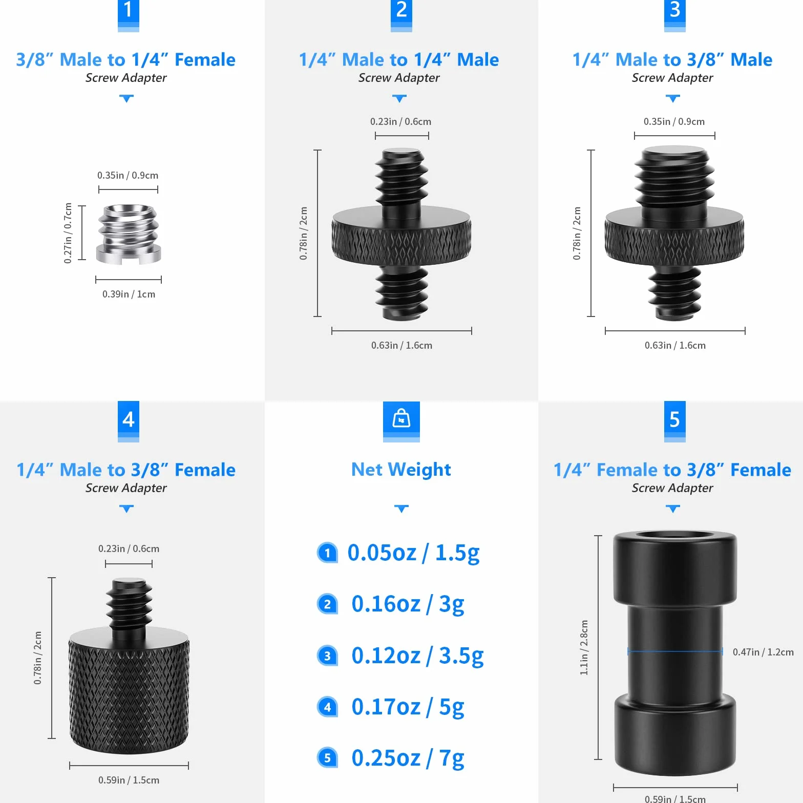 NEEWER Adapter śrub do aparatu, 22 sztuki 1/4" na 1/4" i 1/4" na 3/8" z gwintem statywu, zestaw adapterów do mocowania aparatu, statywu ST29
