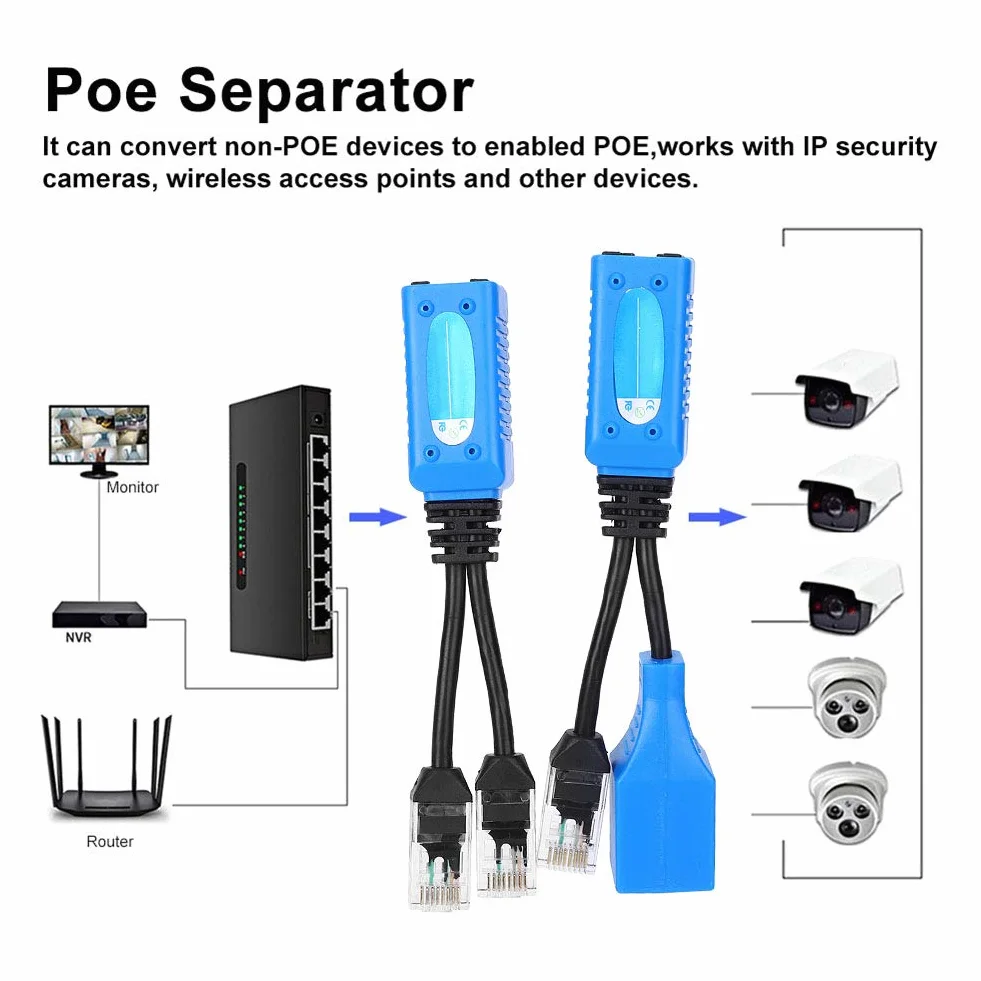 Rozdzielacz POE RJ45 do kamer IP, zestaw 2 kabli zasilających