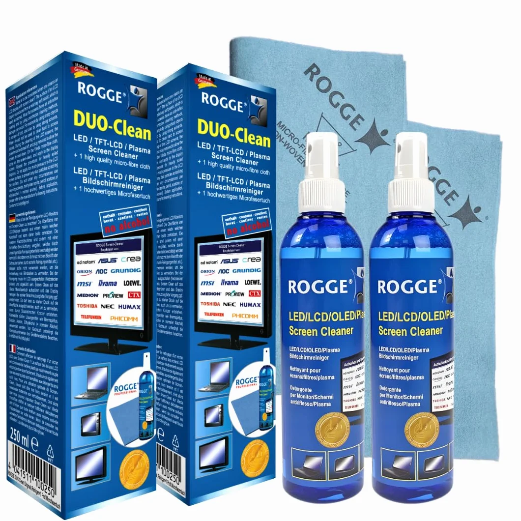 ROGGE Duo-Clean oryginalny podwójny zestaw, 2X 250ml LCD - TFT - LED - TV - Ekran dotykowy + Plasma Screen Cleaner + 2X ROGGE Prof. ?ciereczki z mikrofibry 38x40cm. The Original Since 1998. Made in Germany