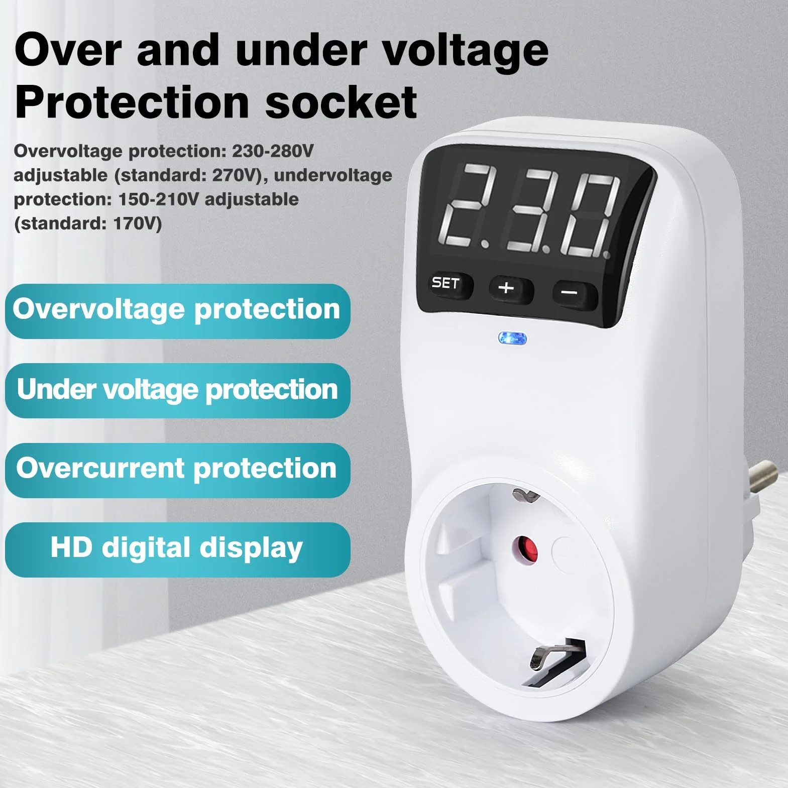 Jadeshay Zabezpieczenie przeciwprzepięciowe AC230V 16A Automatyczna ochrona przed napięciem Gniazdo stabilizatora napięcia Wtyczka UE