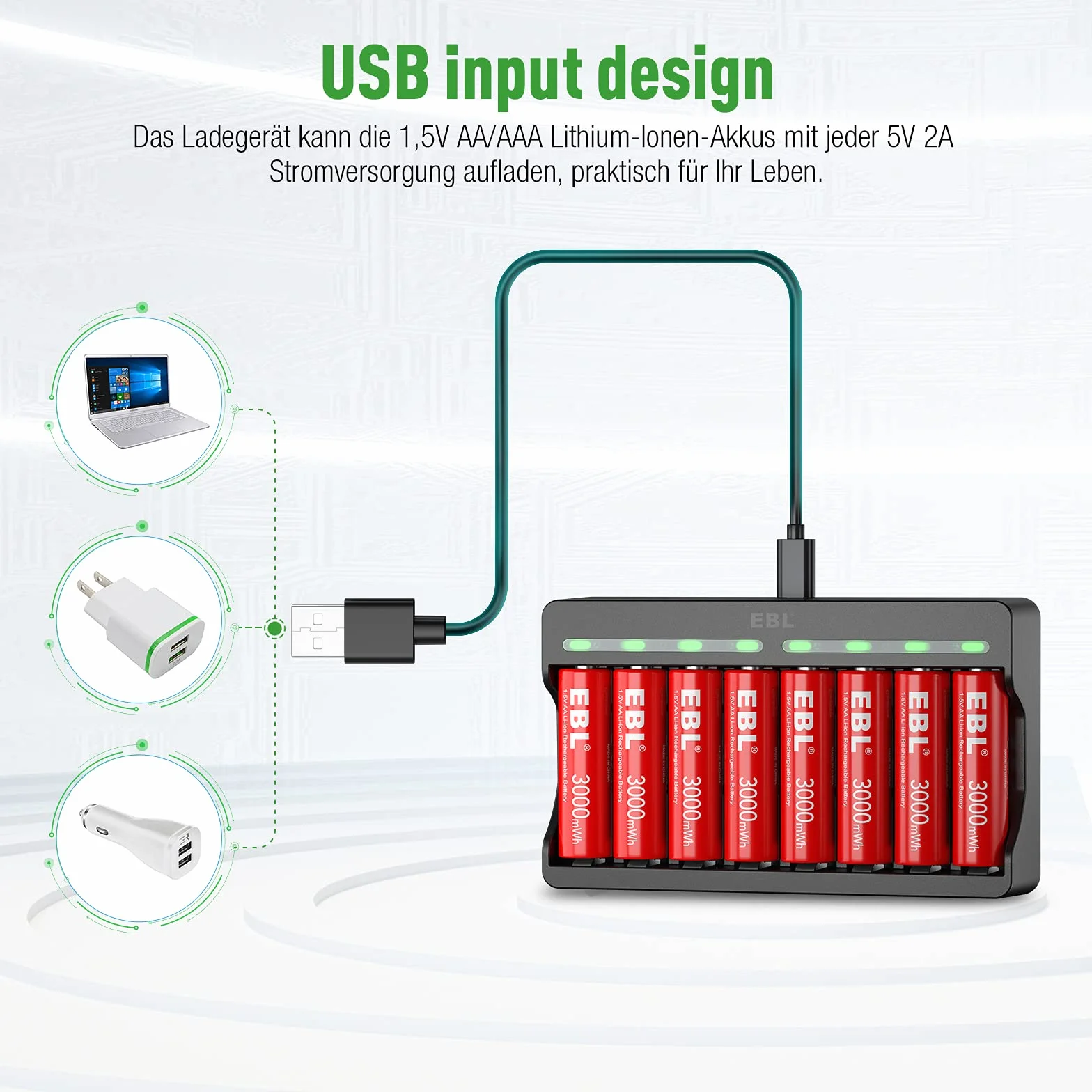 EBL Pakiet baterii AA 3000 mAh 1.5 V z ładowarką M7012 LED Micro USB