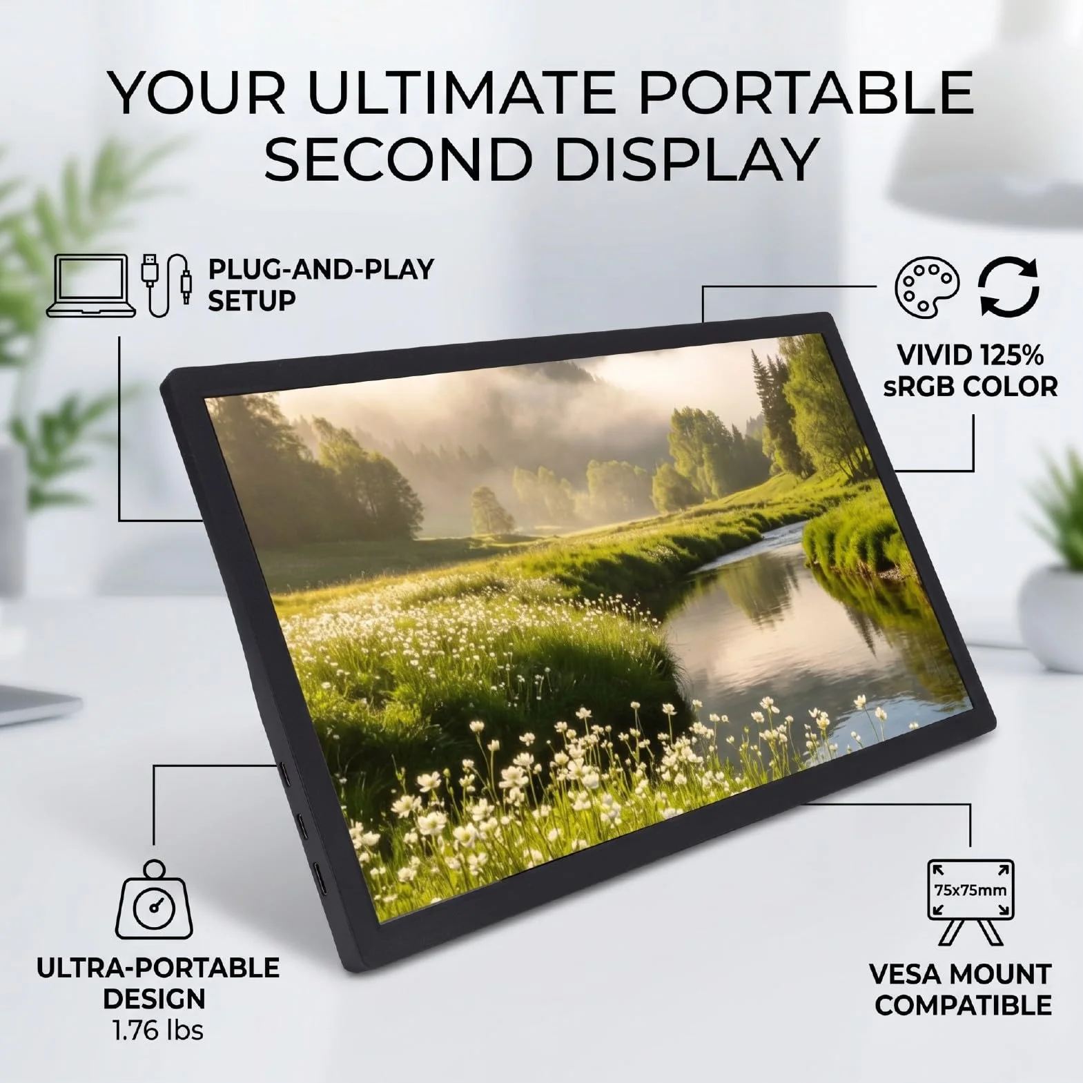 Przenośny Monitor, 15,6-calowy Monitor Podróżny 1080P USB C HDMI, Wbudowana Podstawa VESA, Zewnętrzny Ekran do Laptopów, Komputerów Stacjonarnych, Pokładu Parowego, Konsoli do