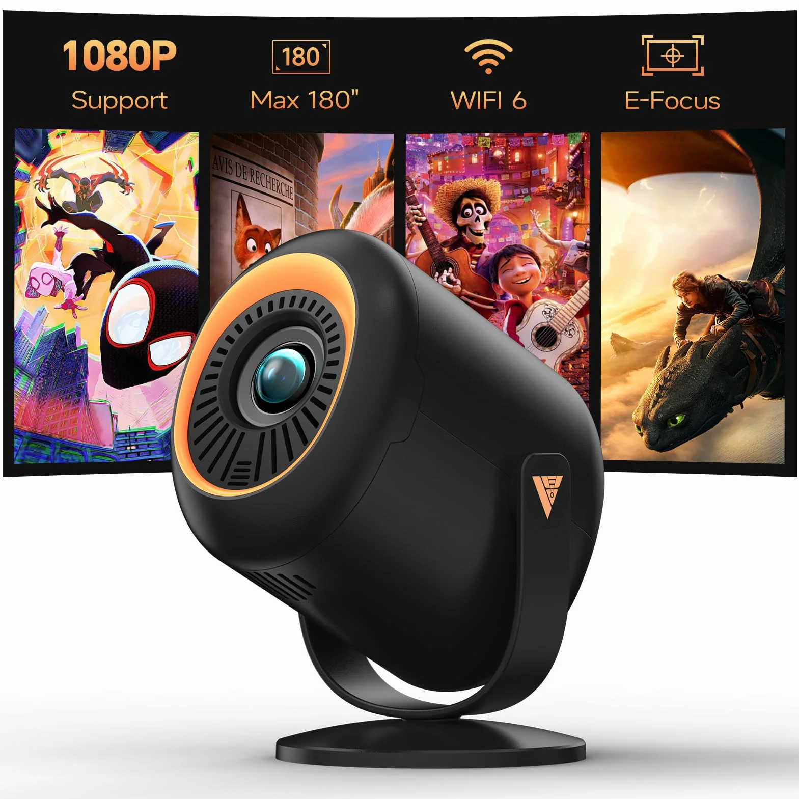 Mini projektor z Wi-Fi i Bluetooth, przenośny projektor Native 1080P, obsługa 4K ze stojakiem regulowanym o 180°, wyświetlacz maks. 180 cali, wbudowane głośniki