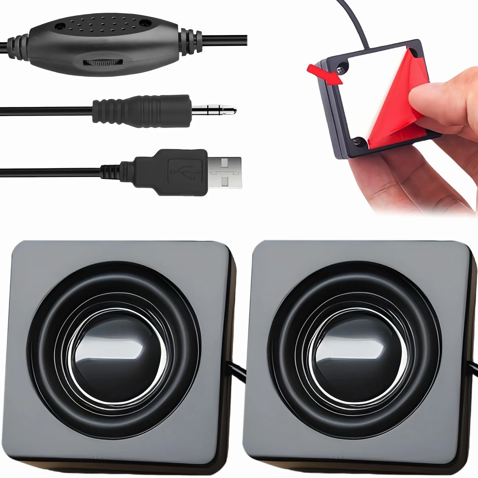 Mały głośnik PC można przykleić: mini głośnik USB do komputera z regulacją głośności, kompaktowy głośnik stereo do komputera stacjonarnego, notebooka, laptopa, czarny (USB + 3,5 mm)