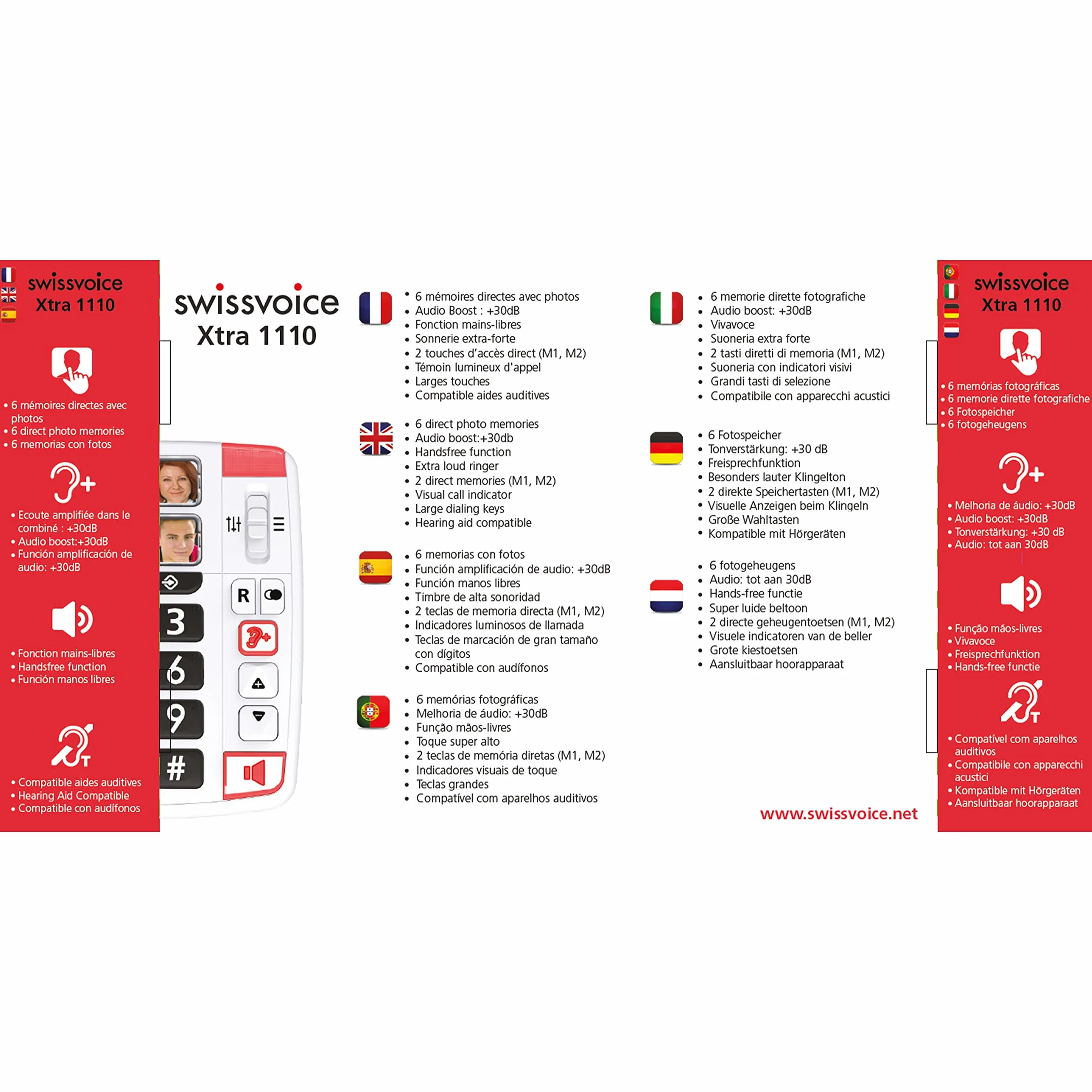 Swissvoice Xtra 1110 telefon przewodowy z bardzo dużymi przyciskami, sześć przycisków bezpośredniego wyboru zdjęć, głośne dzwonki, kompatybilny z aparatami słuchowymi