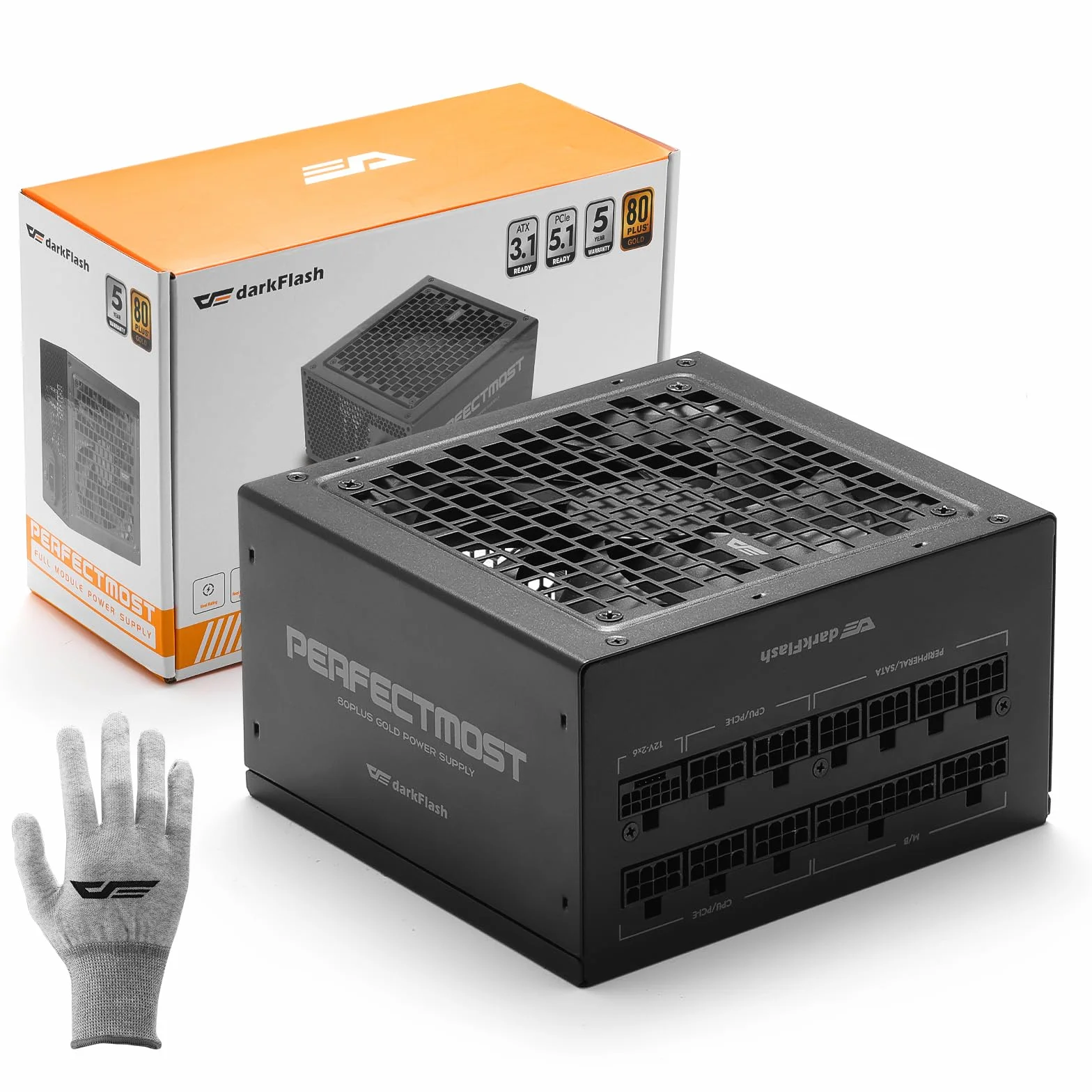 darkFlash PMT1050 w pełni modułowy zasilacz ATX 3.1 i PCIe 5.1 Ready, kabel 12VHPWR w zestawie, 100% japońskie kondensatory 105°C, 80 Plus Gold Gaming PSU, kompaktowy rozmiar 150 mm, 5 lat