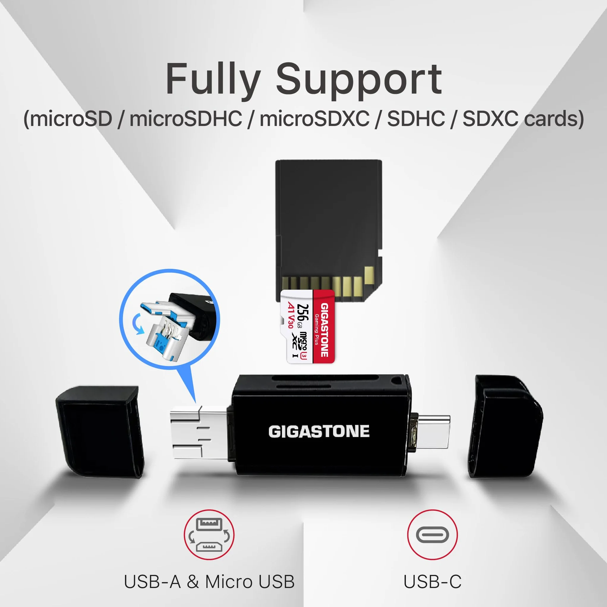 [Gigastone] Karta micro SD 128 GB z czytnikiem kart USB typu C, karta pamięci Gaming Plus, karta pamięci MicroSDXC do Nintendo Switch, nagrywanie wideo 4K, UHS-I A1 U3 V30 C10, do 100 MB/s, z