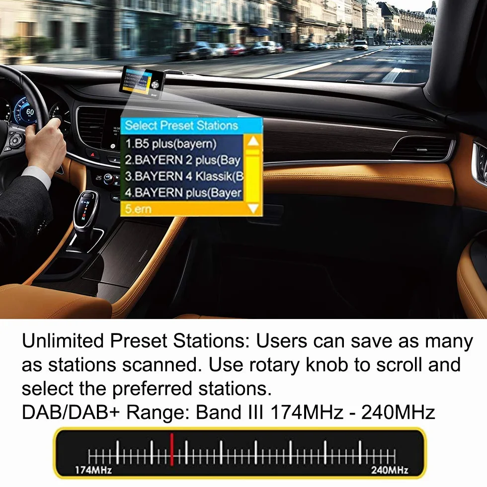 Przenośne radio cyfrowe DAB/DAB+, samochodowe, kolorowy wyświetlacz 2,8”, FM, Bluetooth, nieograniczone zapisy, zestaw głośnomówiący, wejście i wyjście AUX, czytnik kart TF 64 GB, ładowarka USB