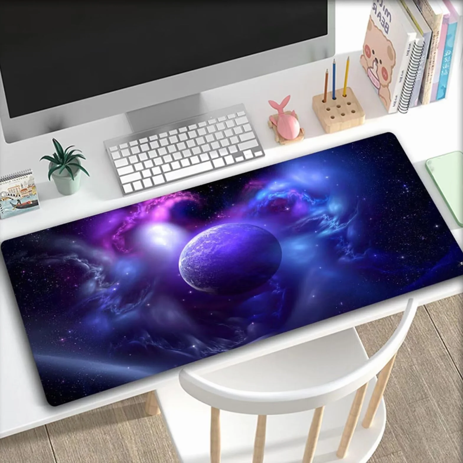 Niebieska podkładka pod mysz Cosmic Planet, 1200 x 600 x 3 mm, rozszerzona duża podkładka pod mysz, podkładka na biurko, zszywane krawędzie, antypoślizgowa gumowa podstawa, podkładka pod