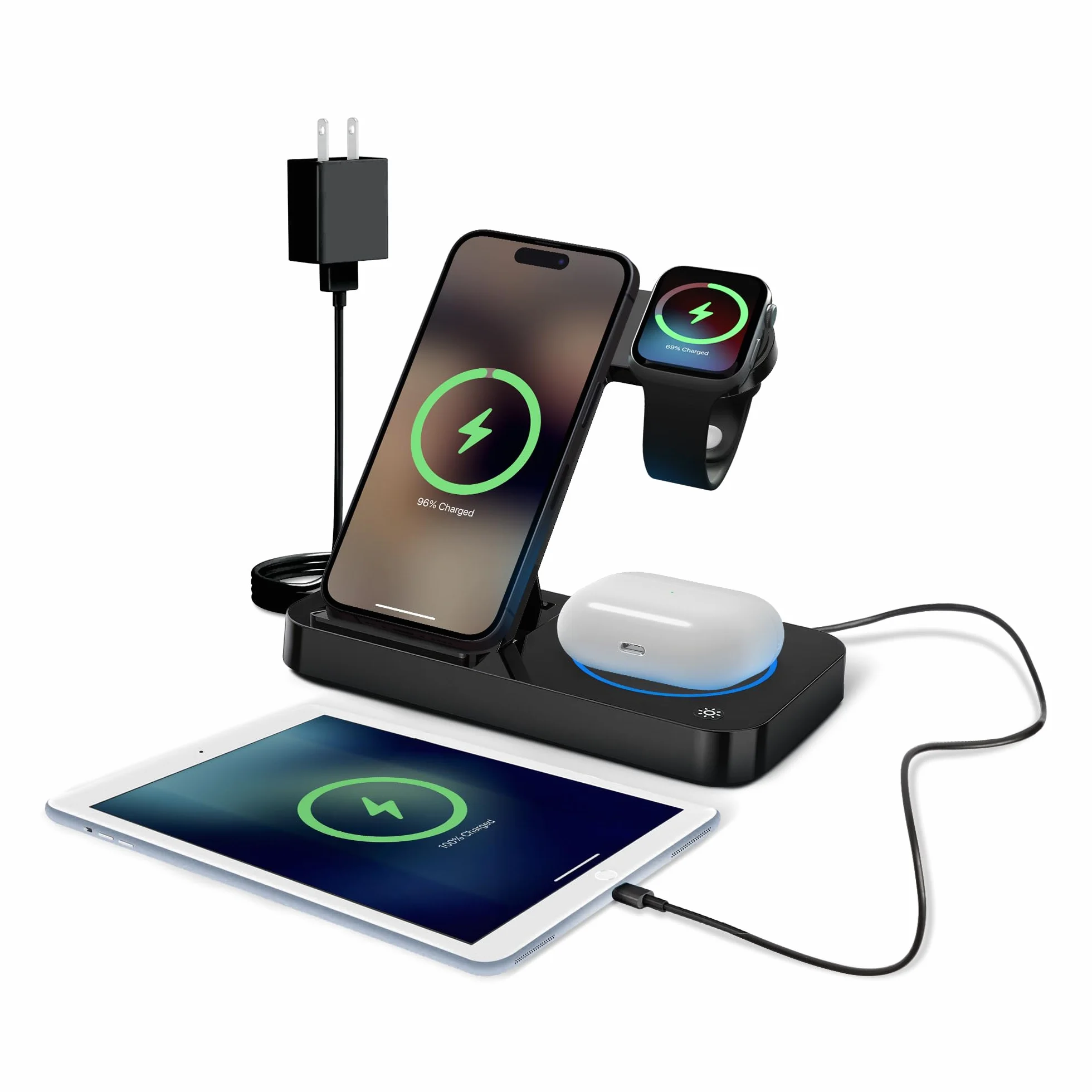 Bezprzewodowa stacja ładująca 4 w 1 do iPhone'a, Apple Watch i AirPods – bezprzewodowa ładowarka do iPhone'a serii 16/15/14/13/12 - Apple iWatch serii 7/9/8 z dodatkowym portem USB i składaną