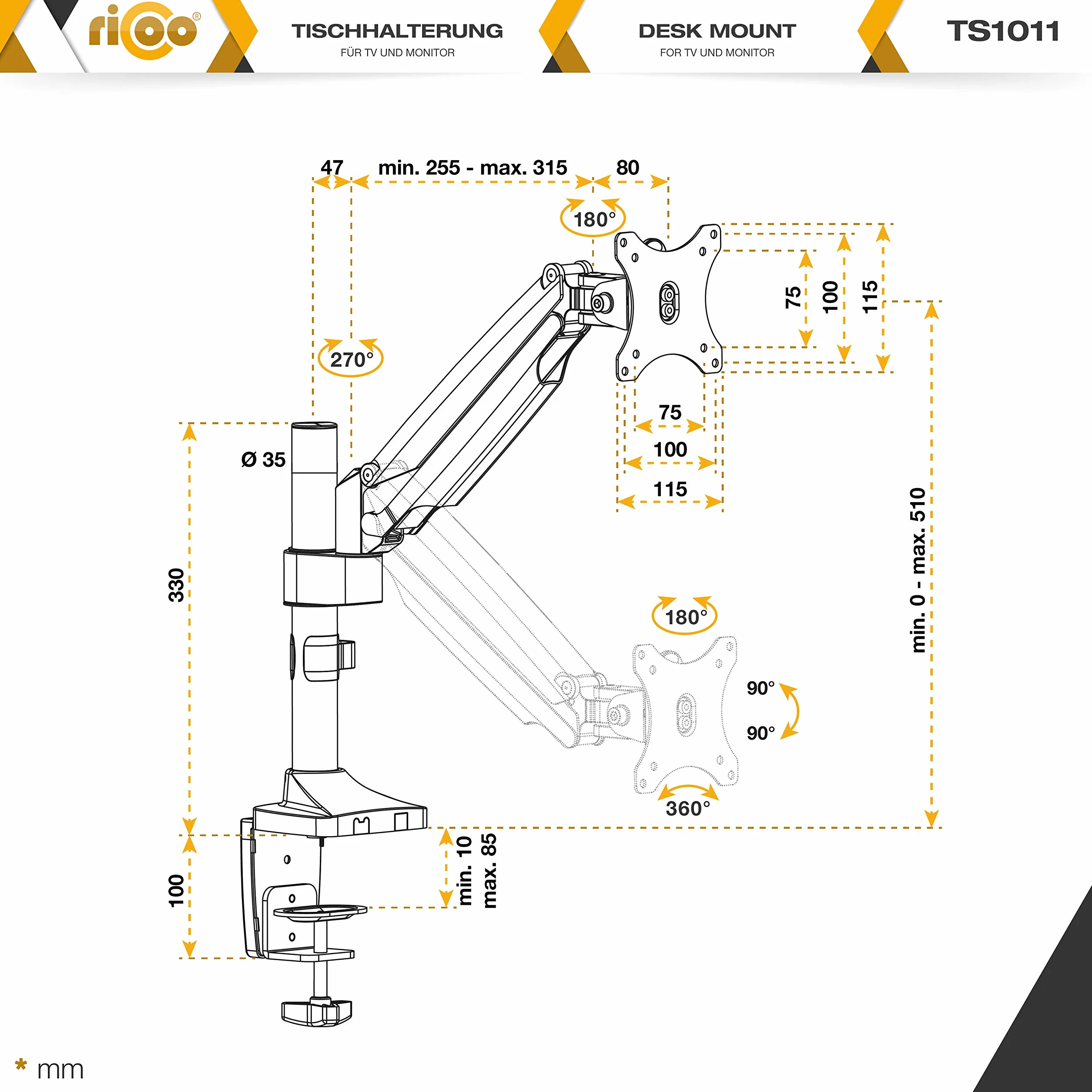 RICOO Uchwyt do monitora 1 monitor uchwyt stołowy TS1011 uchwyt do monitora 13-30 cali do montażu na stole VESA 75x75 100 x 100 uchwyt na ekran obrotowy uchwyt monitora z regulacją wysokości