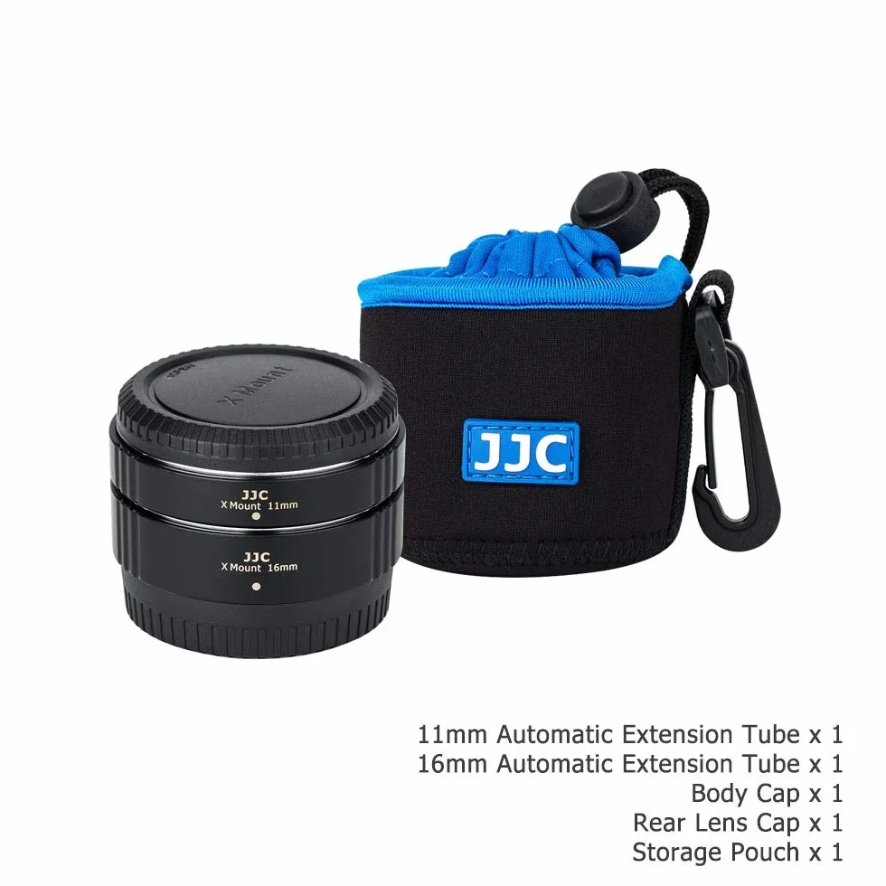 JJC Rura przedłużająca makro 11 mm/16 mm zestaw do wszystkich aparatów DSLR i lustrzanek Fujifilm Fuji X - automatyczne ustawianie ostrości - ekspozycja TTL - fotografia zbliżeniowa z etui na korpus i