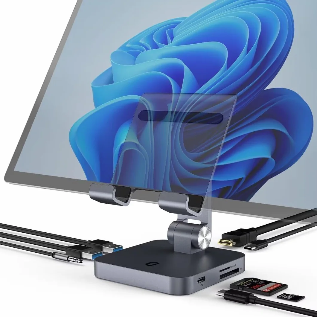 Przenośna stacja dokująca do laptopa 8 w 1, koncentrator USB C ze stojakiem, adapter typu C z HDMI 4K, 2 USB-A 3.0, 100 W PD, gniazdo audio 3,5 mm, czytnik kart SD/TF do tabletów Surface/USB C