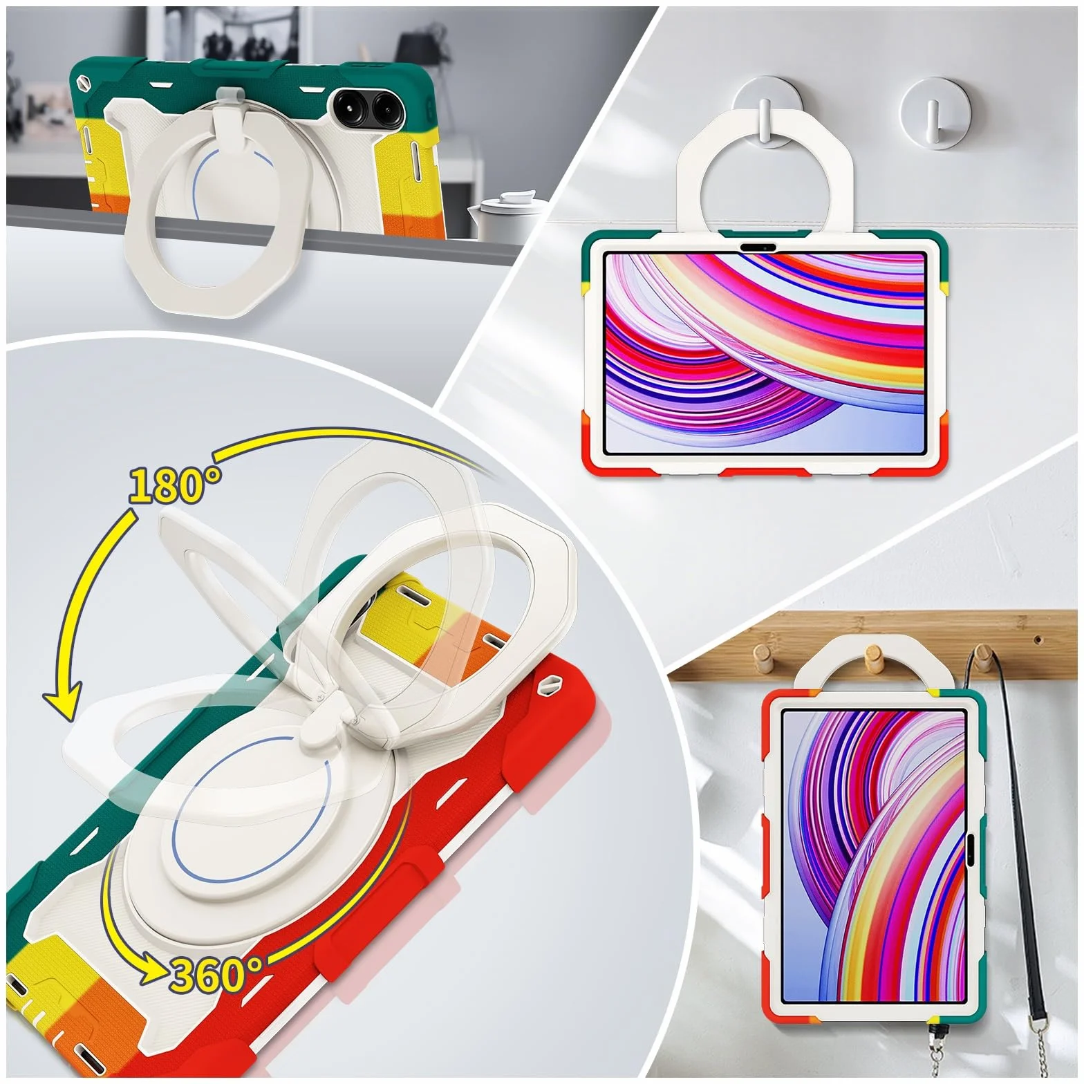 Wytrzymałe etui ochronne do Xiaomi Redmi Pad Pro 12,1", stojak, obracany o 360°, pasek na ramię, uchwyt na długopis i pierścień, odporna na uderzenia osłona dla dzieci i dorosłych