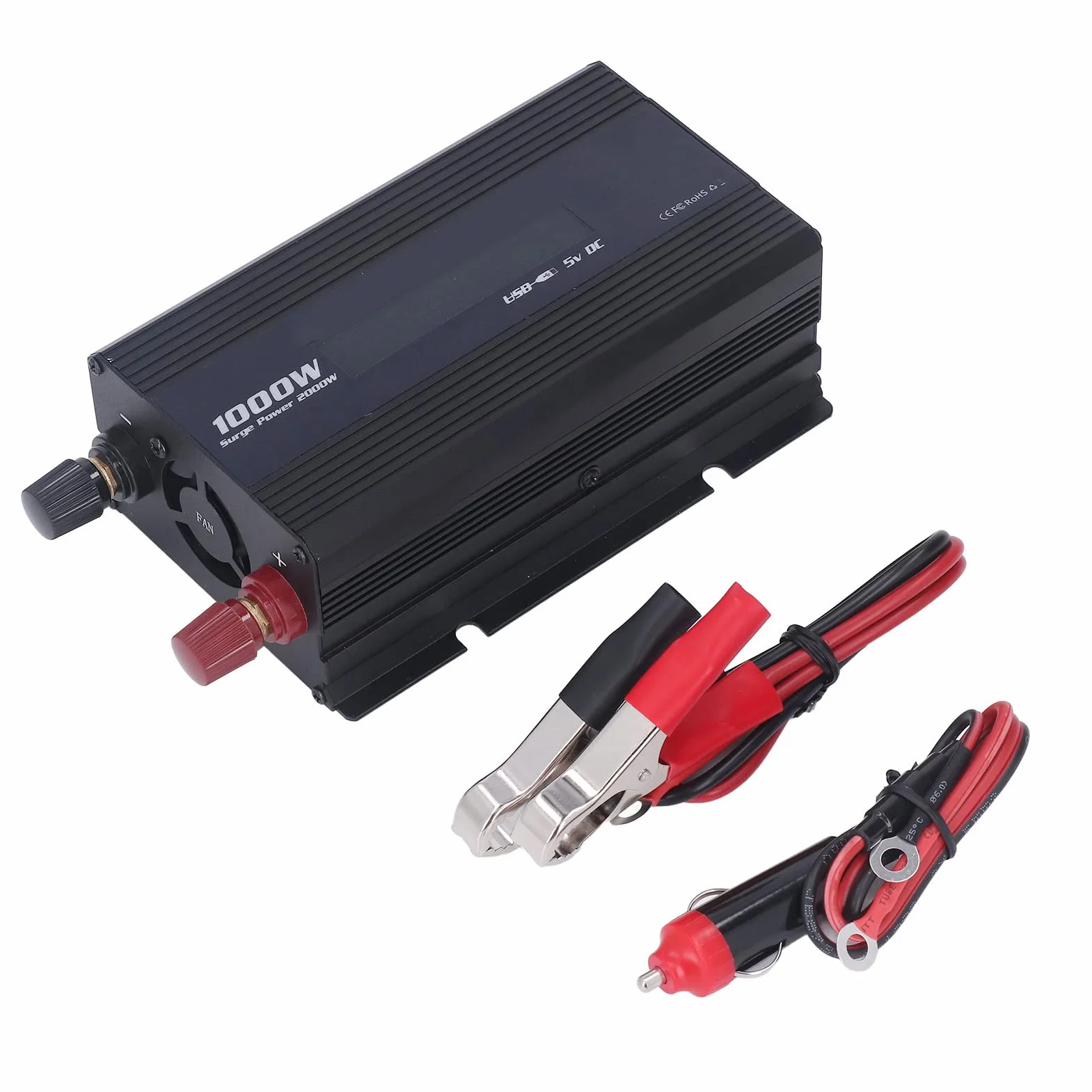 Ausla Przetwornica Samochodowa, Konwerter Prądu Stałego na Prąd Przemienny ze Stopu Aluminium 1000 W z Wyświetlaczem LED USB 5 V 2 A Wielokrotna Ochrona dla Samochodów Wycieczki Drogowe Kemping
