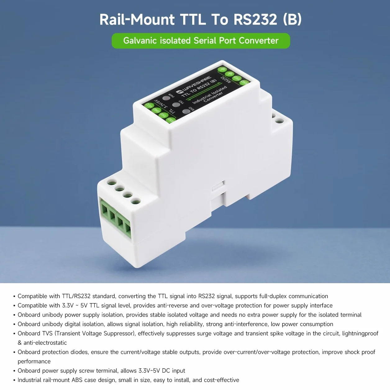 Waveshare Rail-Mount TTL To RS232 Galvanic Isolated Converter, Full-Duplex Communication, Lightningproof & Anti-Surge, Multi-Isolation Protection, TTL Serial Converter