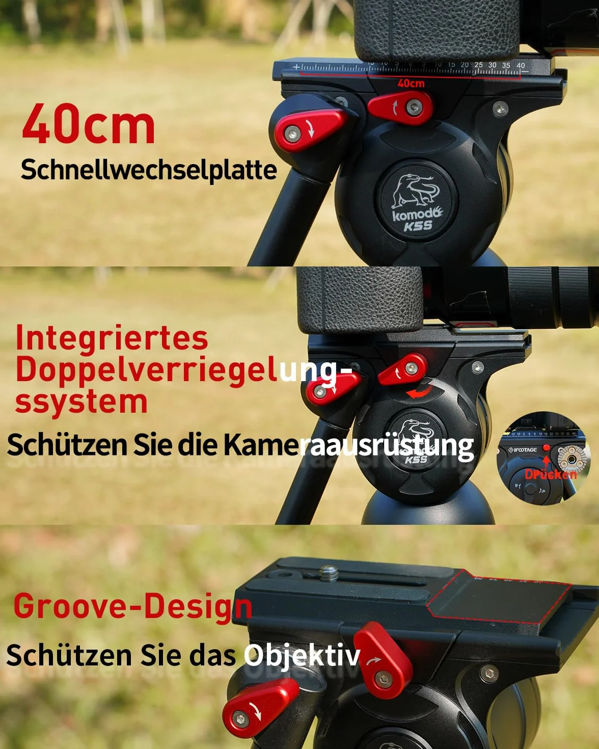 IFOOTAGE 165cm/65" aluminiowy statyw do aparatu z aluminiową głowicą płynną dla Canon Nikon Sony DSLR, statyw Gazella TA6S Uprise + Komodo K5S