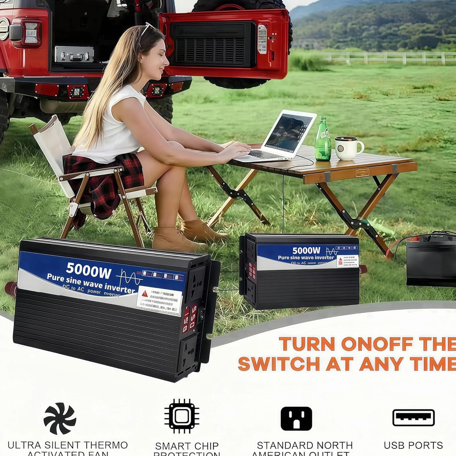 Przetwornica samochodowa 5000 W czysta fala sinusoidalna DC 12 V/24 V/48 V/72 V do AC 110 V/220 V z 2 gniazdami AC do kamperów/ciężarówek/łodzi/kempingu,72V to 220V