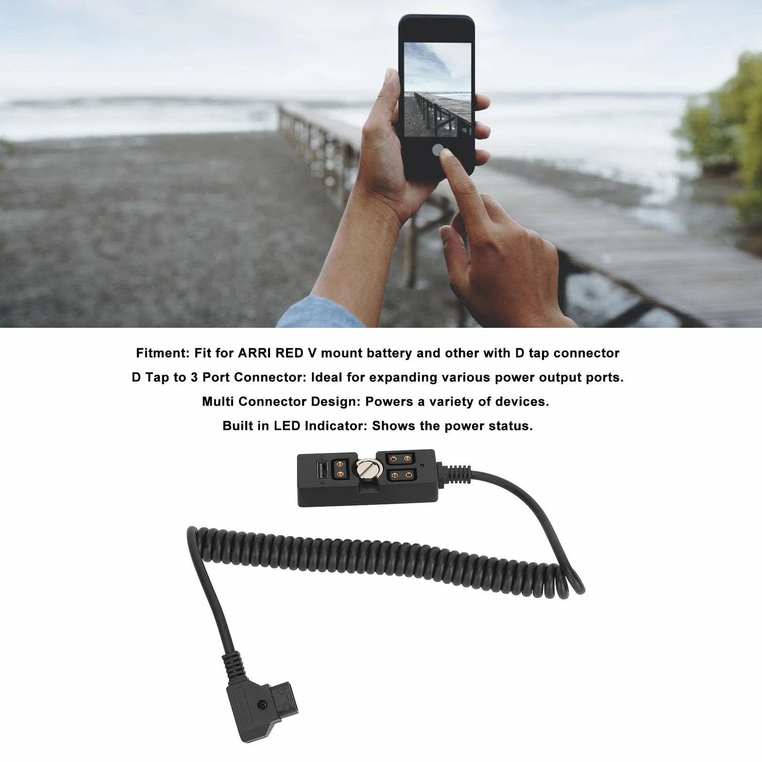 Rozdzielacz D-Tap Męski na 3-portowy żeński Kabel Zasilający ze Wskaźnikiem USB 5 V, Koncentrator Zasilacza D Tap Kompatybilny z Akumulatorem/monitorem z Mocowaniem V