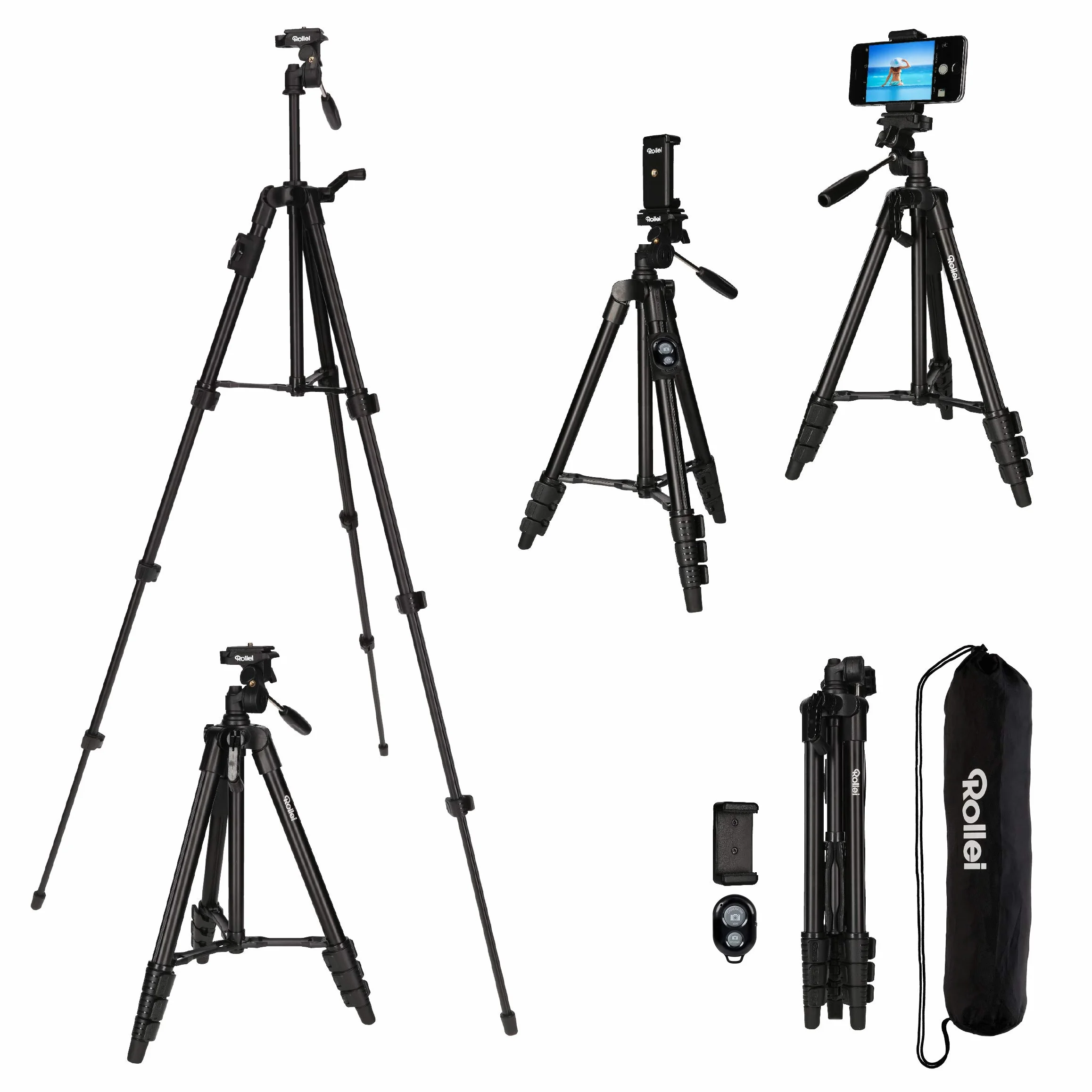 Rollei Steady Butler Mobil 3 SE, mały, lekki, składany smartfon gimbal do cichego kręcenia filmów z ręki & Rollei Statyw do smartfona Traveler – elastyczny i lekki ze zintegrowanym uchwytem, czarny