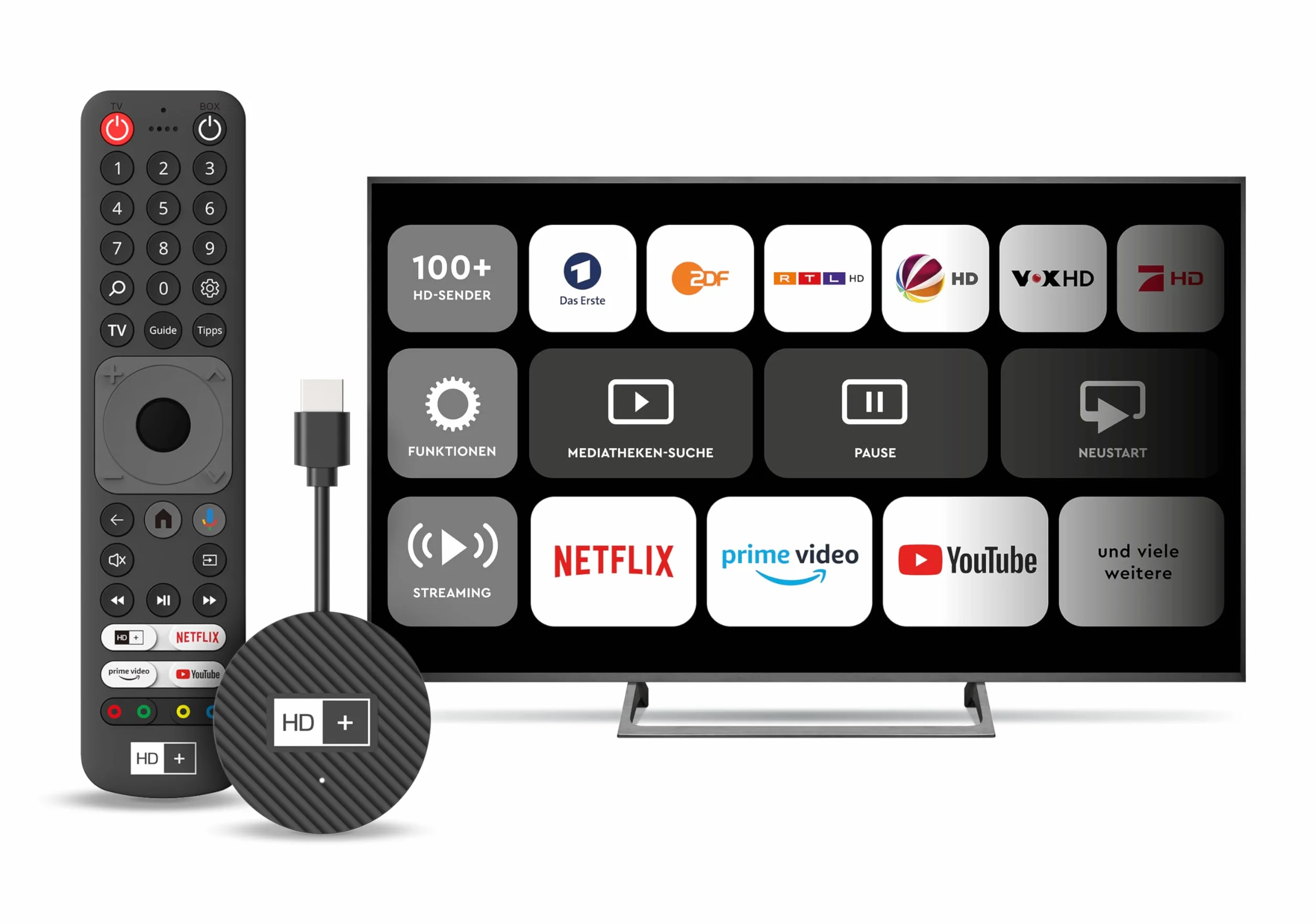 HD+ IP TV Stick Streaming Stick do telewizora | Android TV, TV na żywo