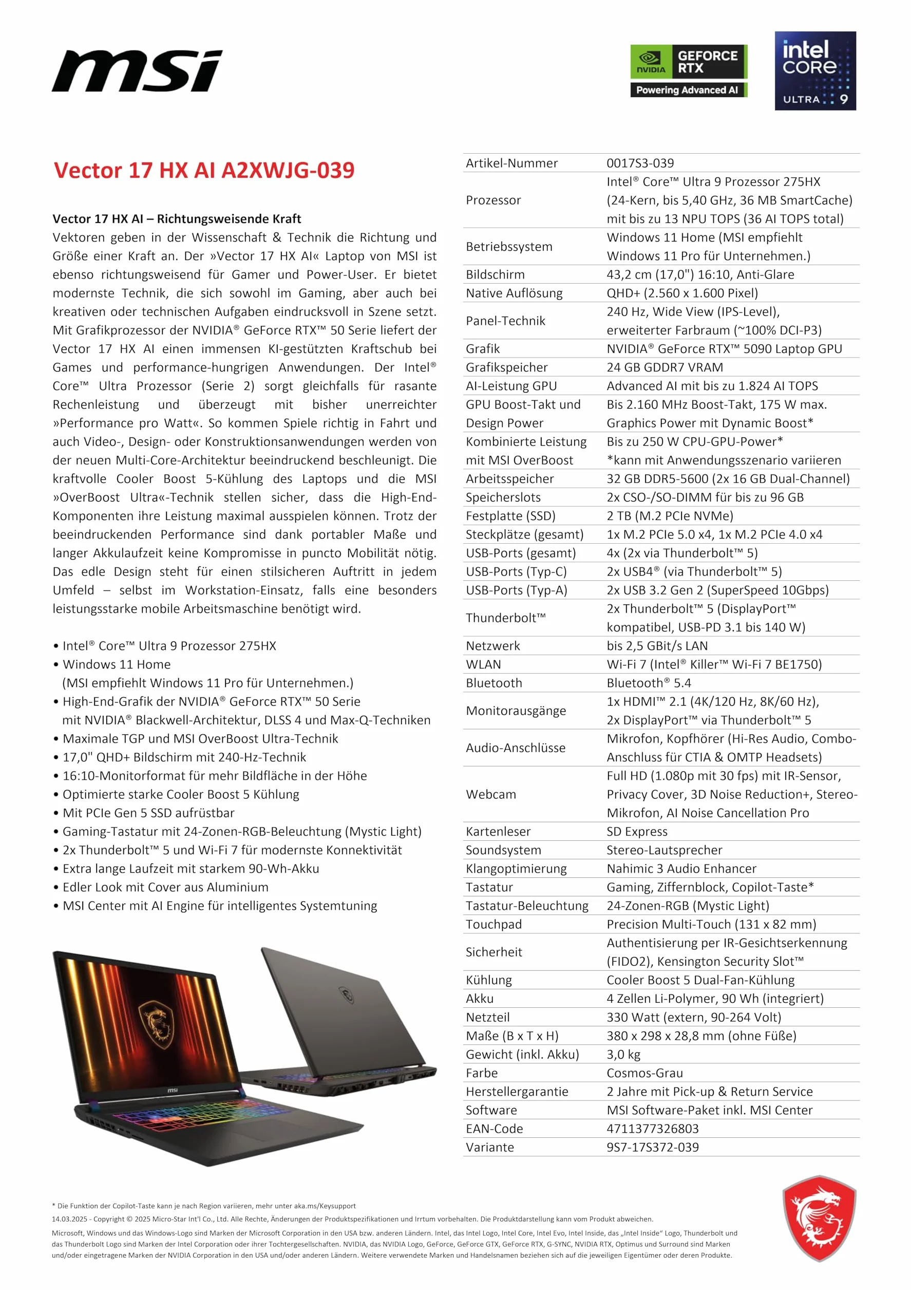 MSI Vector 17 HX AI laptop gamingowy, 17-calowy wyświetlacz QHD Plus 240 Hz, Intel Core Ultra 9 275HX, NVIDIA GeForce RTX 5090, 32 GB RAM, 2 TB SSD, Windows 11 Home, klawiatura QWERTZ, kolor szary