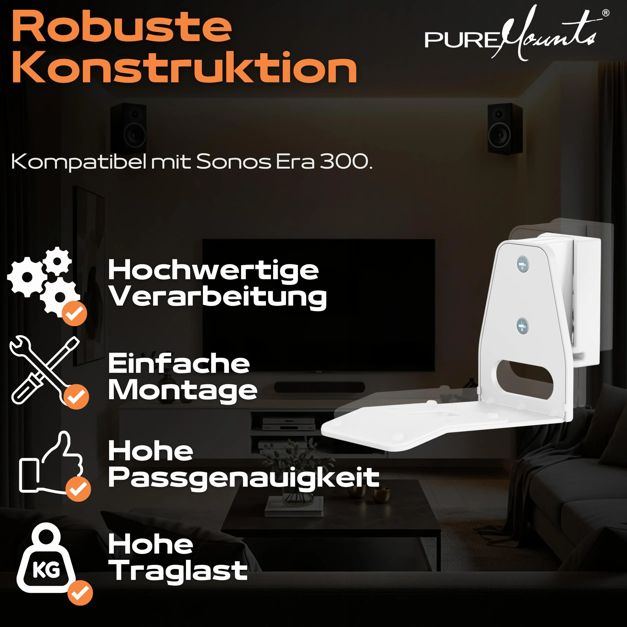 PureMounts Uchwyt na głośniki do Sonos Era 300, uchwyt ścienny na głośnik z zarządzaniem kablami, wychylny +/-45°, udźwig 3 kg, biały