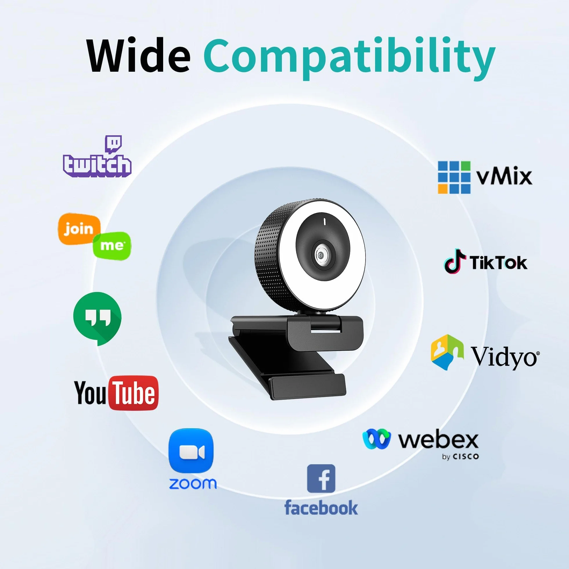 Kamera internetowa 1080p z mikrofonem, 60 kl./s, światło pierścieniowe z 3 trybami świecenia, autofokus, szeroki kąt 89°, Full HD, wideokonferencja do komputera, Mac, laptopa, tabletu