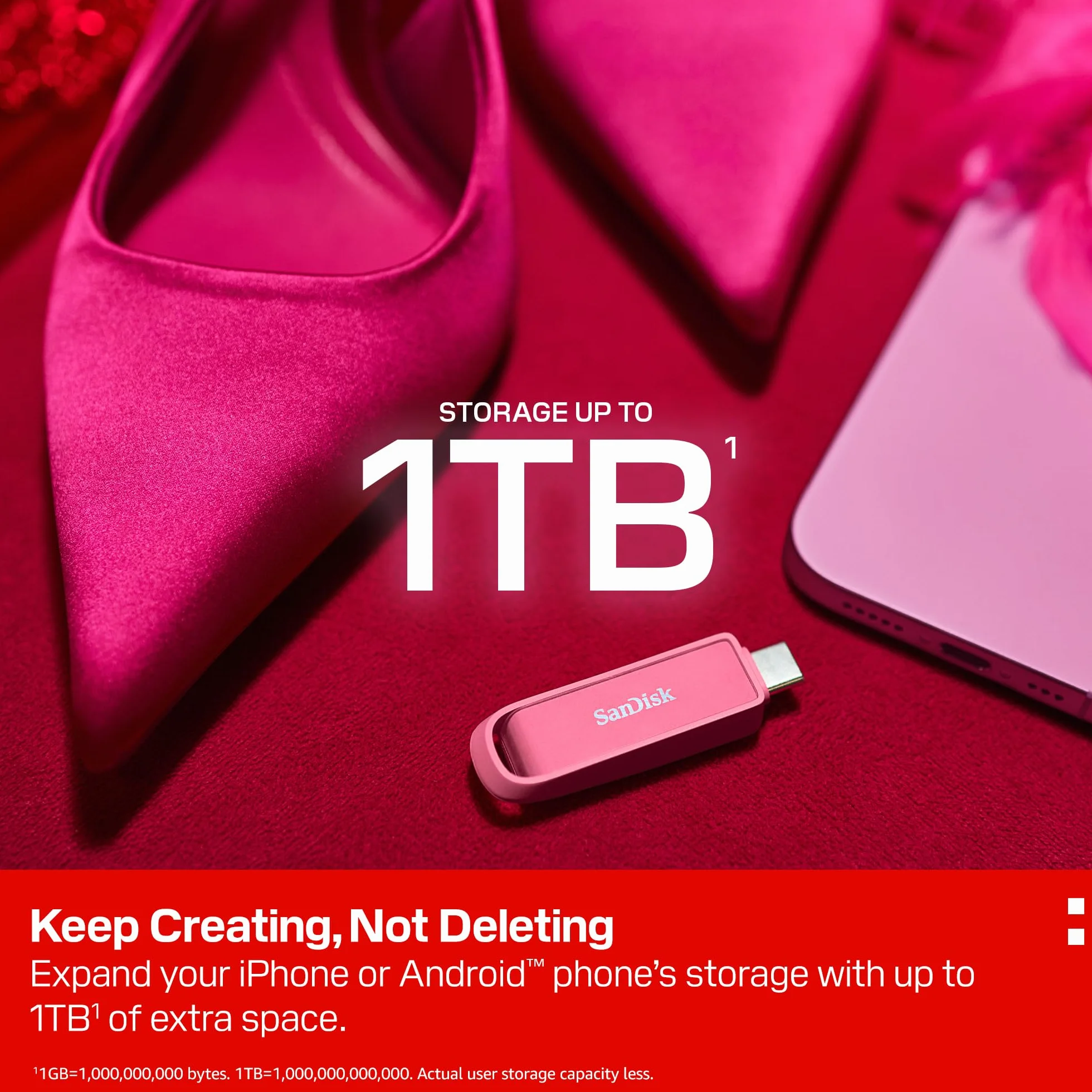 SanDisk Phone Drive z USB Type-C 1 TB (do telefonu, do smartfonów, tabletów i komputerów, prędkością 150 MB/s, Wykonuj automatyczne kopie, Dzięki odzyskiwaniu) - Seastar Pink