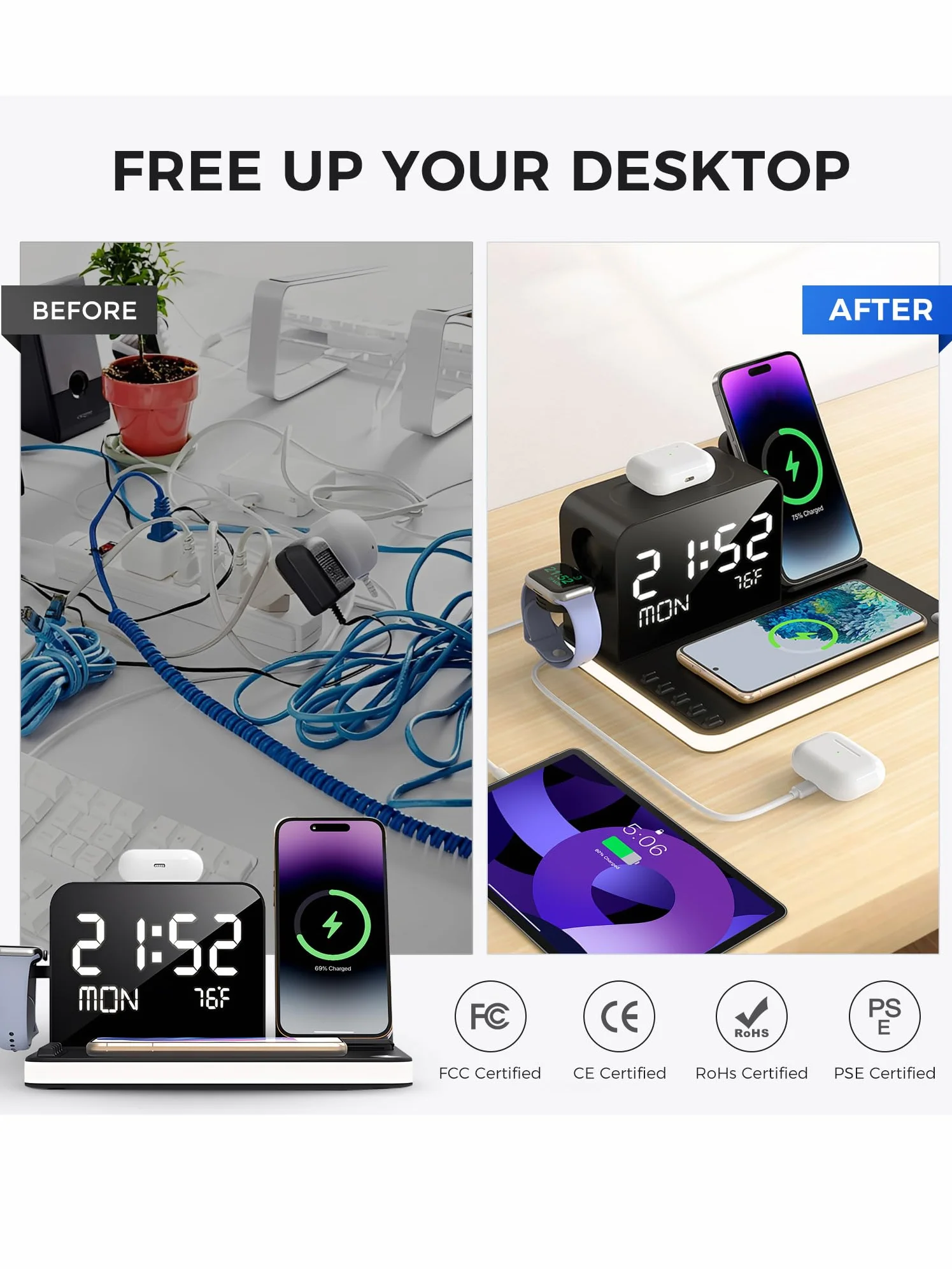 Bezprzewodowa Stacja Ładująca 7 w 1 z Zegarem, Szybka Ładowarka Indukcyjna 30W Bluetooth i Termometr, Stacja Dokująca kompatybilna z iPhone 17 16 15 14 13 12 Pro Max, Apple Watch, AirPods