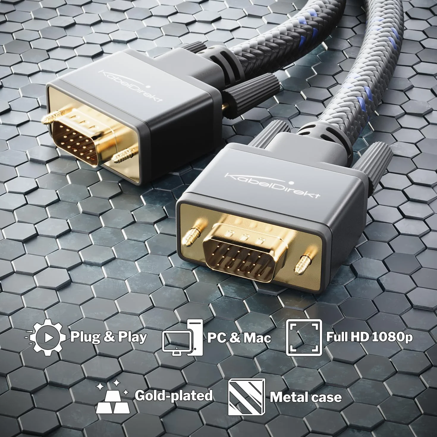 KabelDirekt – Kabel VGA do VGA – 1,5 m – zapewniający maksymalną jakość obrazu dzięki wysoce czystym przewodom miedzianym (spleciony, Full HD, łączy komputer z monitorem/D-Sub 15)