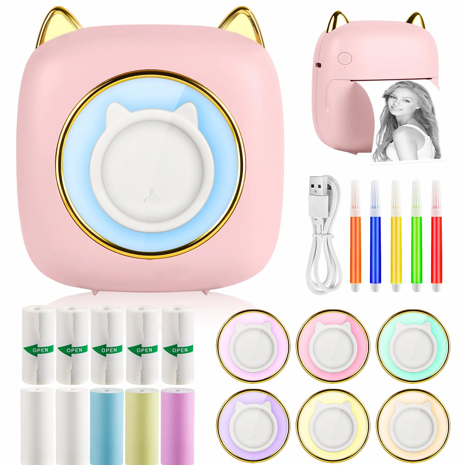 GuKKK Mini drukarka, mobilna drukarka fotograficzna, przenośna, mini drukarka fotograficzna z siedmioma kolorami LED, bezprzewodowa drukarka fotograficzna, drukarka termiczna do smartfonów, drukarka