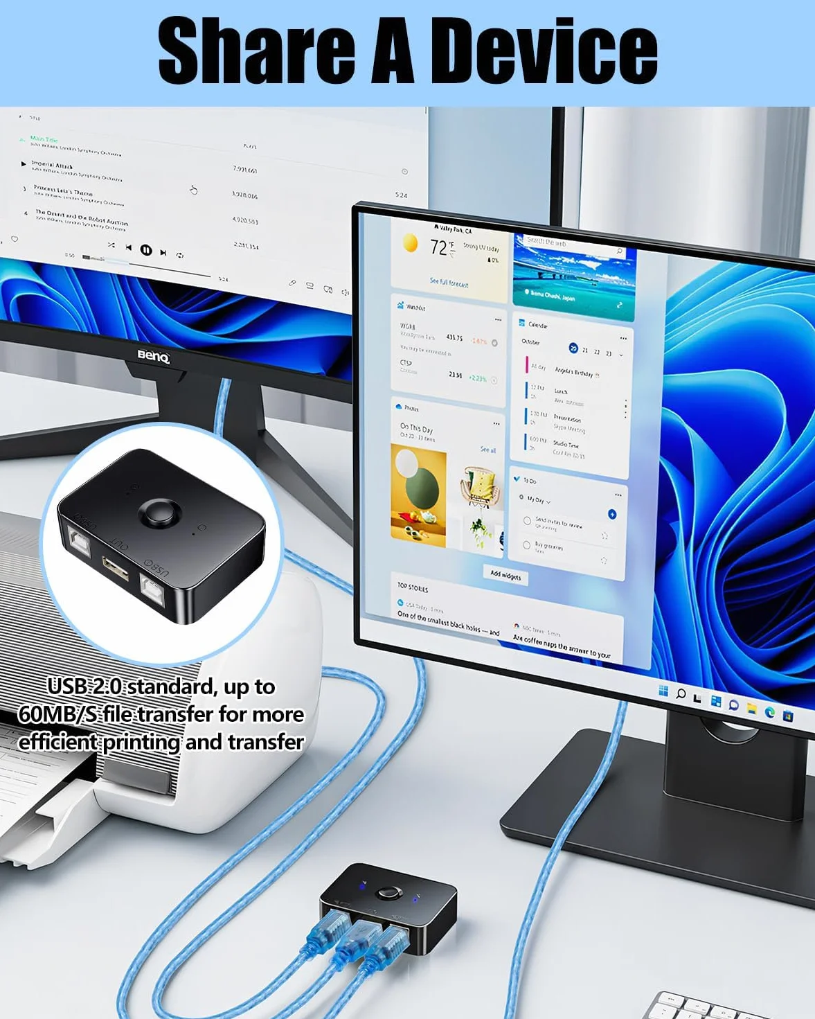 Przełącznik USB 2.0 do udostępniania drukarki 2 szt. 1 x ręczna drukarka USB z adapterem LED Plug & Play z 2 przewodami o długości 1,5 m, kompatybilny z Windows, macOS