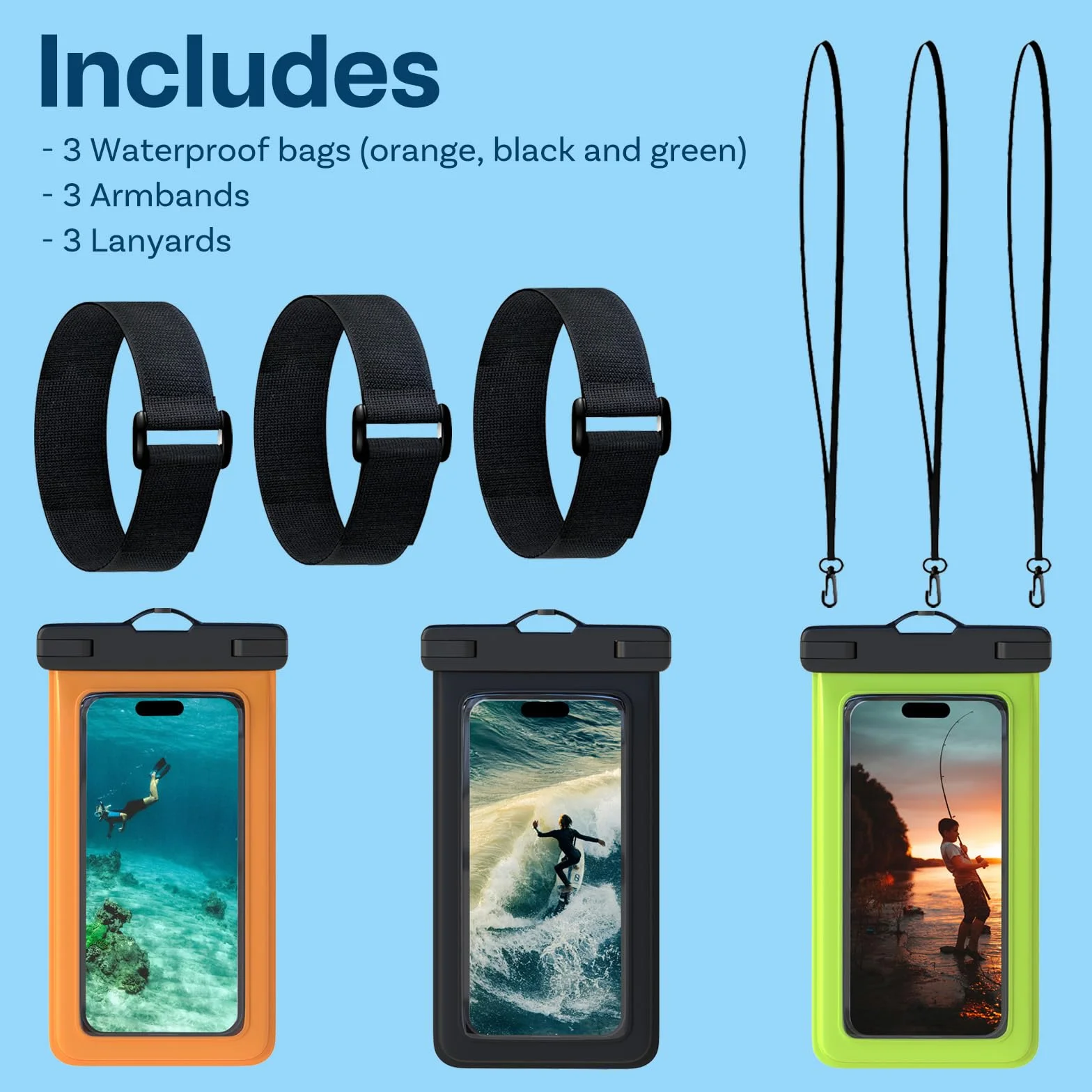 MMOBIEL Wodoodporne Etui na Telefon [3-pak]-Etui do 7 Cali na iPhone 17 16 15 14 Pro Max, Samsung Galaxy S26 S25 S24 Series itp.- Sucha Etui na Telefon ze Smyczą, Opaska -Czarny, Zielony, Pomarańczowy