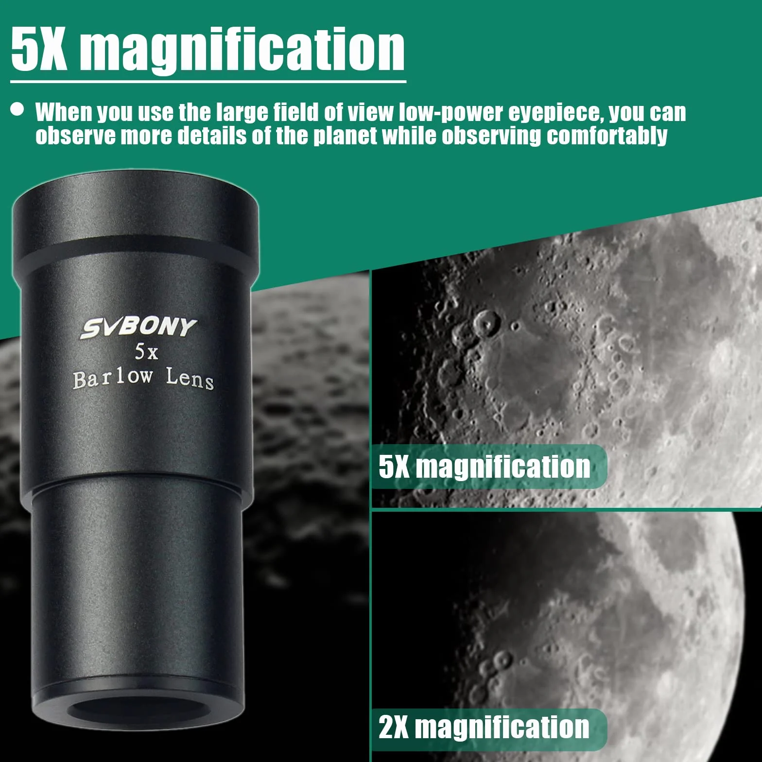 Svbony Soczewka Barlow 5x 1,25" Metalowa do Obserwacji Planetarnych | 3,2 cm, Metalowy Okular Barlowa, w pełni Powlekany, Akcesoria do Obserwacji Planetarnej i Astrofotografii