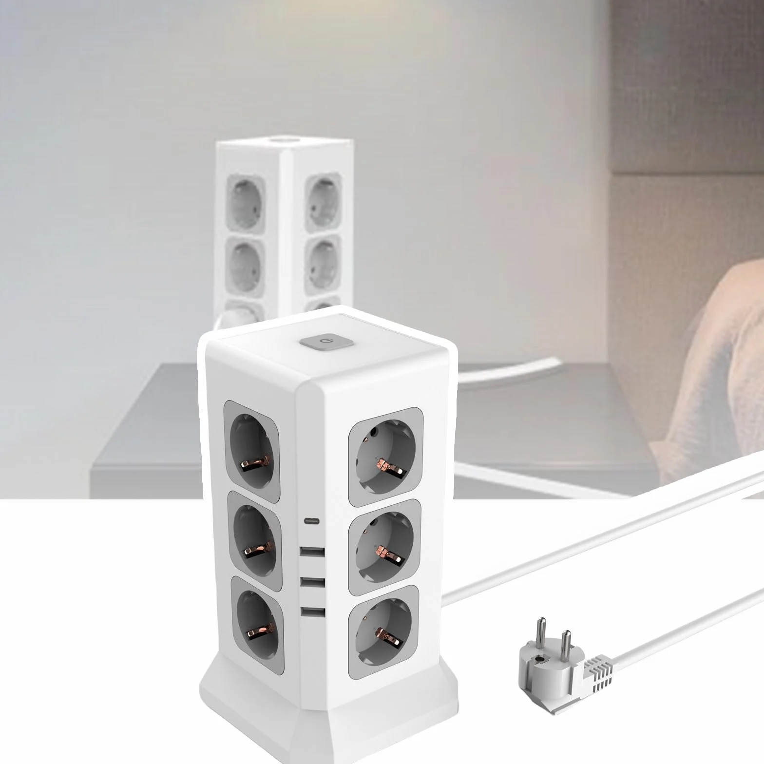 Listwa zasilająca z wieloma gniazdami, 12 gniazd, 3250 W, 16 A, przedłużacz 2 m z 4 portami USB, kompatybilny z różnymi elektrostykami (12 x 12 x 21 cm), biały