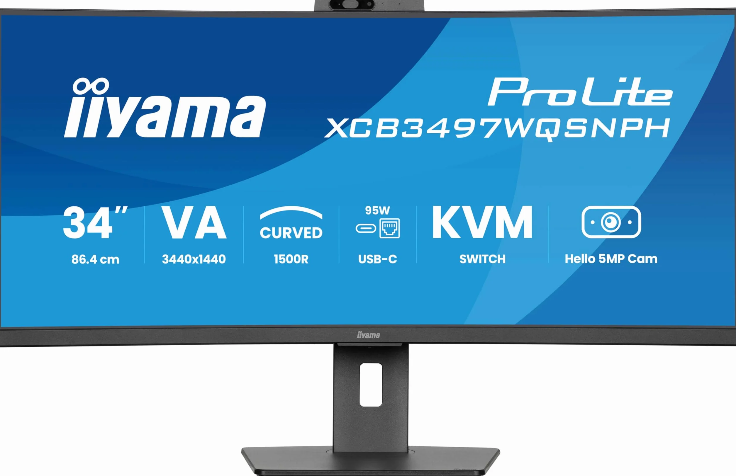 iiyama Prolite XCB3497WQSNPH-B1 zakrzywiony monitor LED VA 1500R 86,7 cm 34" VA UWQHD HDMI DP-in/Out DaisyChain USB3.2 USB-C Dock 95 W RJ45 (LAN) KVM Adaptacyjna regulacja wysokości Sync Windows Hello