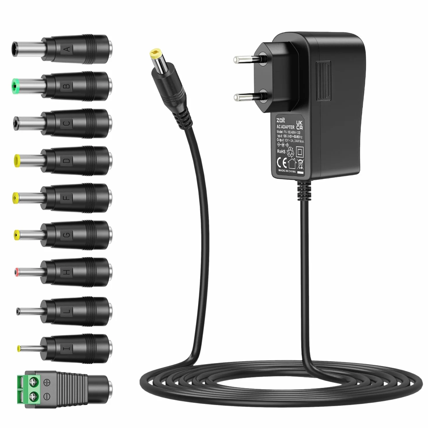 Zasilacz sieciowy 12 V, 2 A, Zolt uniwersalny adapter AC DC z 9 wtyczkami DC do 12 V, 0,5 A, 1 A, 1,5 A, 2 A, taśma LED, oświetlenie CCTV, routera, monitora LCD