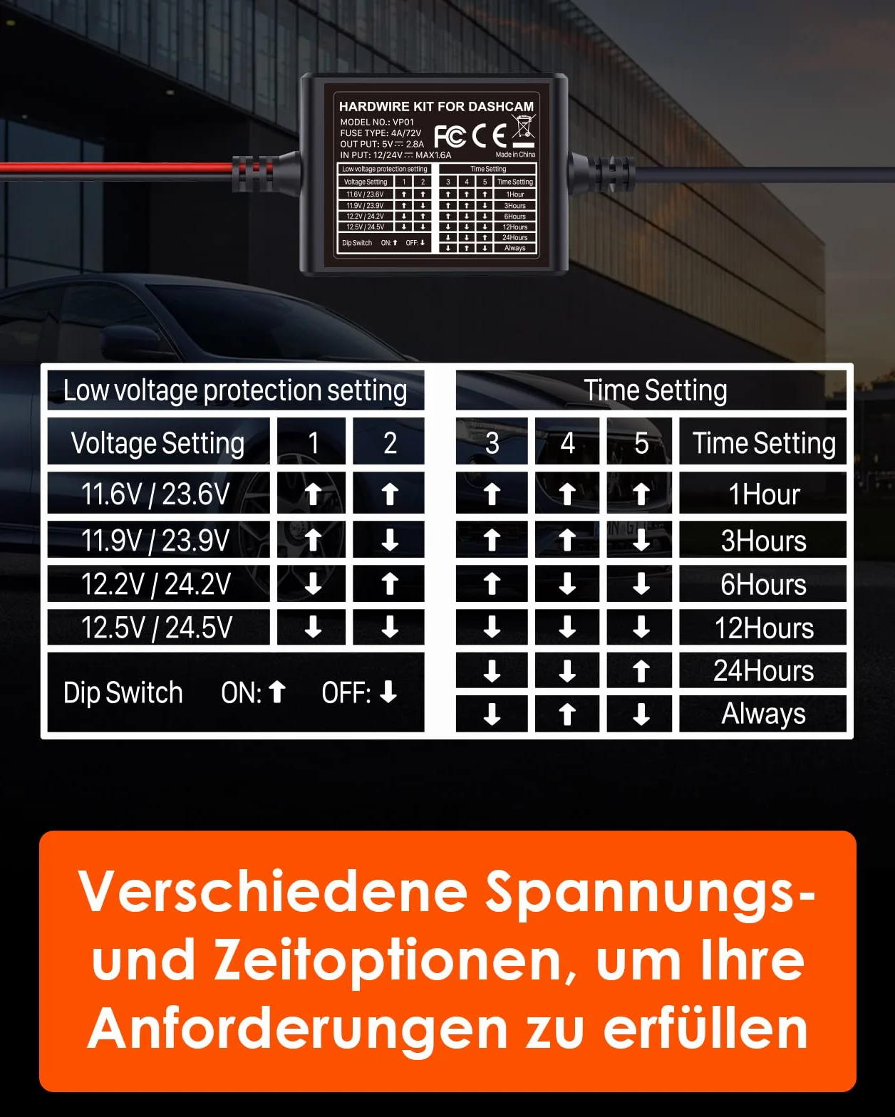 VANTRUE 5 poziomów 11,5 ft USB-C Hardwire Kit z Acc do wszystkich kamer na deskę rozdzielczą, 6 ustawień czasu nagrywania, 12-24 V do 5 V, tryb parkowania 24 h, kompatybilny z kamerą na deskę