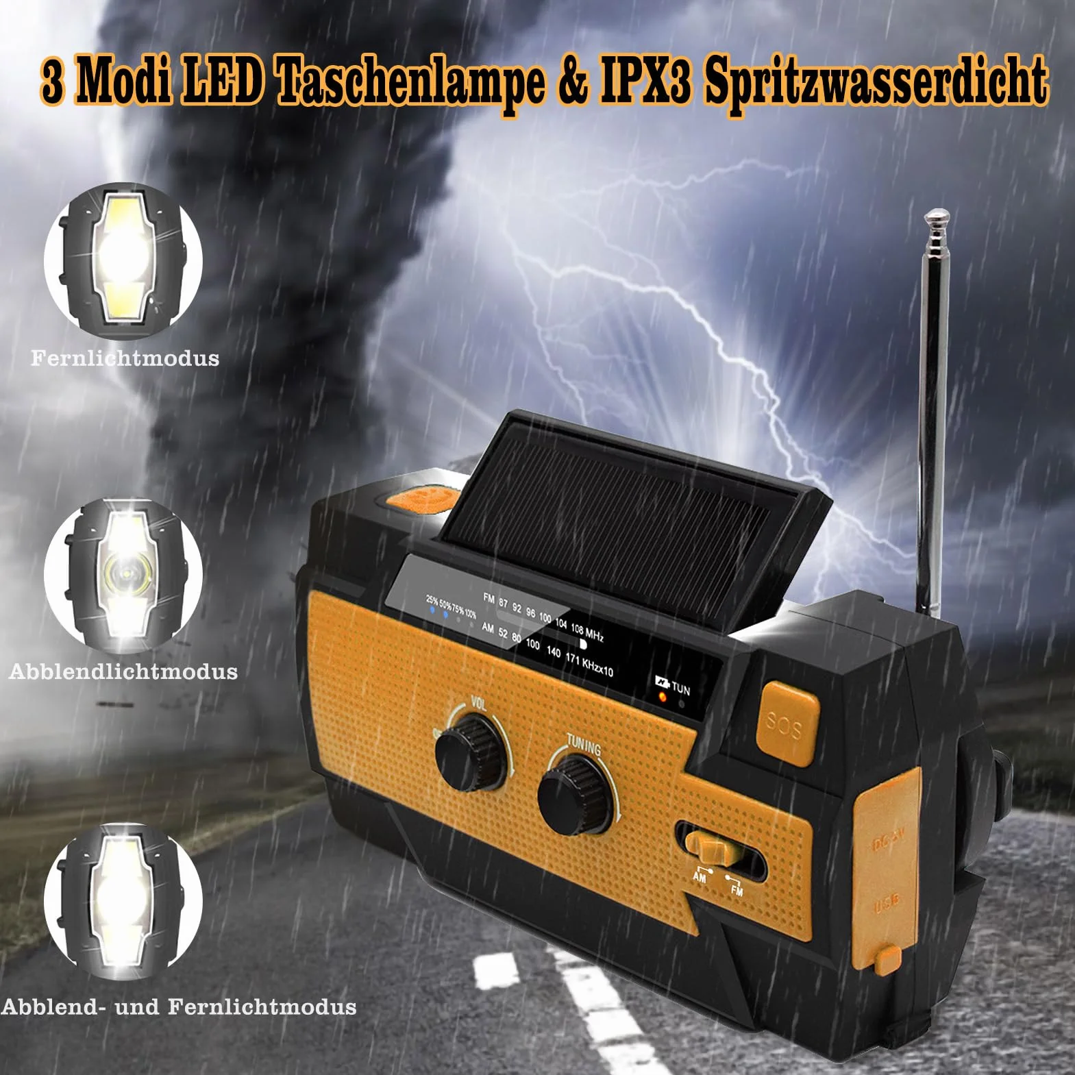 Nigecue Radio solarne, przenośne radio z korbą, dynamo z AM/FM, wbudowana bateria 4000 mAh, 4 tryby pracy, latarka LED, lampka do czytania z czujnikiem ruchu, alarm SOS w nagłych wypadkach