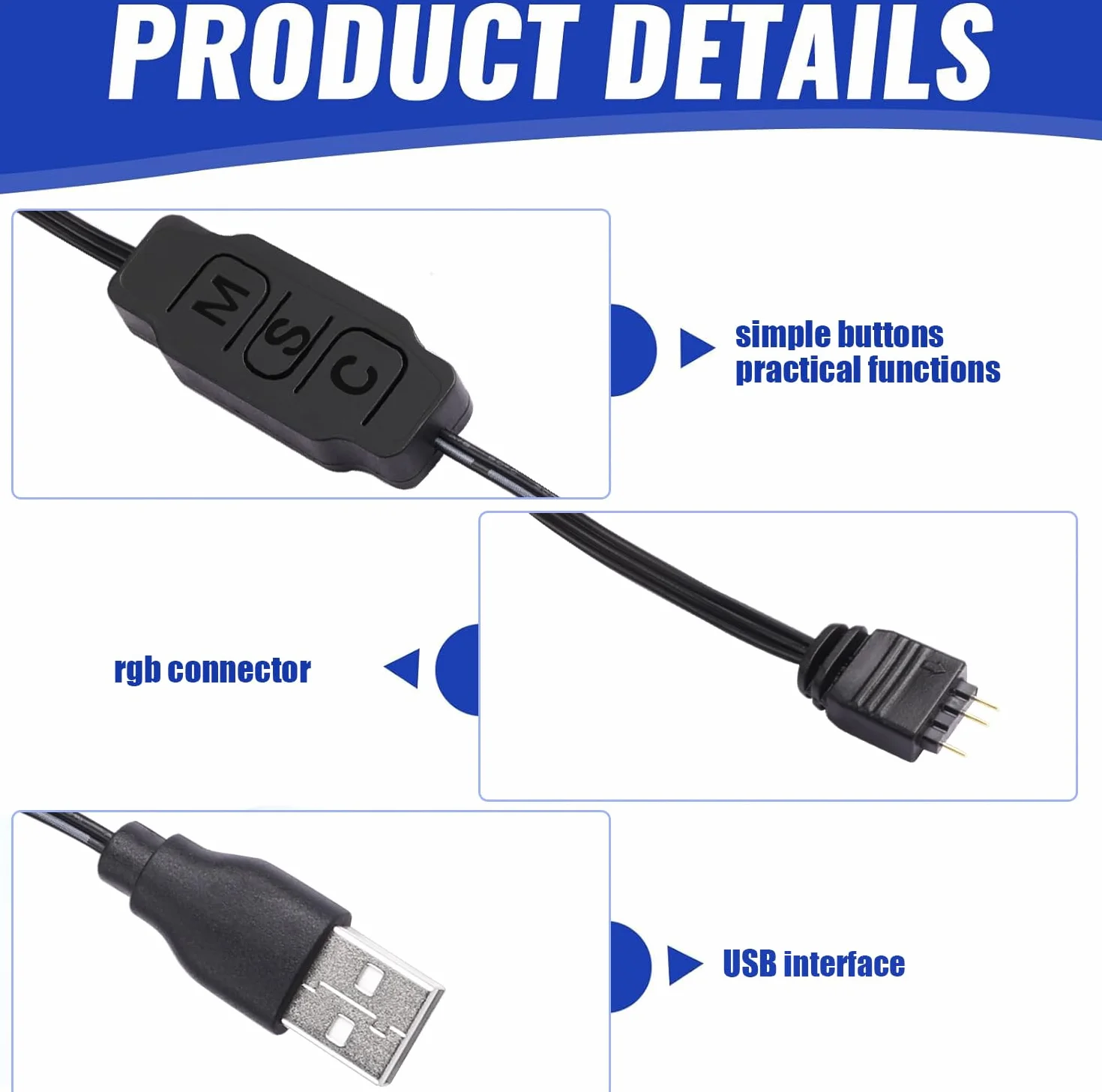 ARGB Kontroler LED 5V 3-pinowy 70cm USB do wentylatorów PC i pasków świetlnych