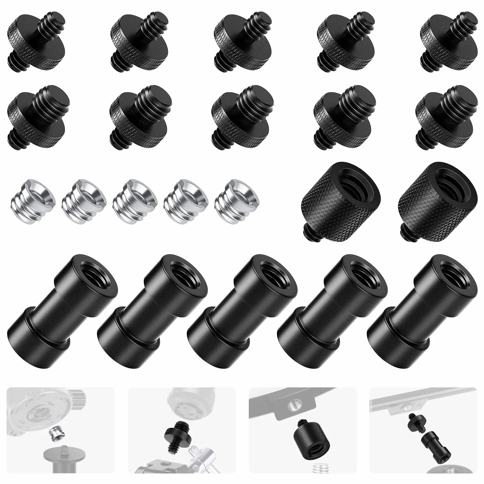 NEEWER Adapter śrub do aparatu, 22 sztuki 1/4" na 1/4" i 1/4" na 3/8" z gwintem statywu, zestaw adapterów do mocowania aparatu, statywu ST29
