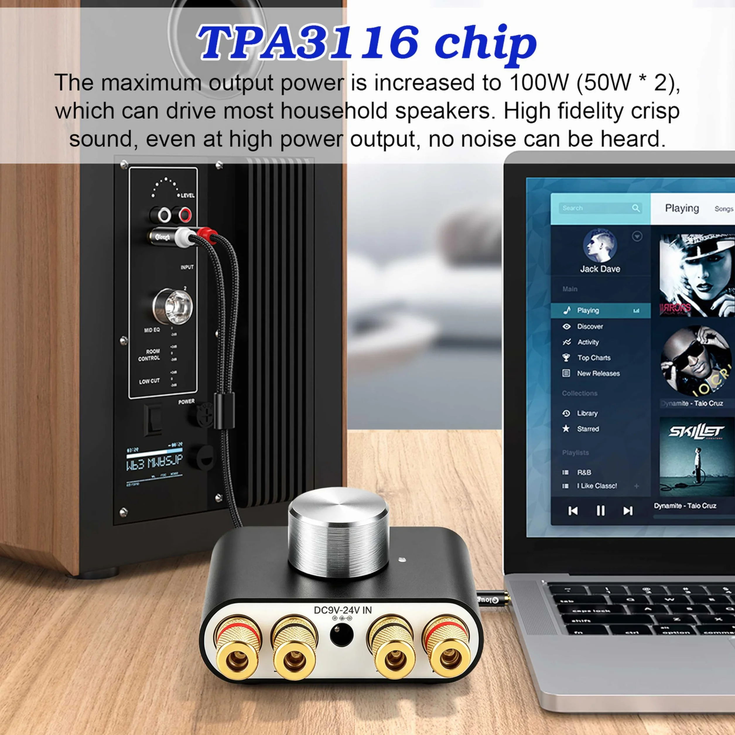 Mini wzmacniacz Bluetooth, 50W×2 HiFi stereofoniczny wzmacniacz, cyfrowy wzmacniacz mocy z zasilaczem do systemu audio do domu i biura, głośniki