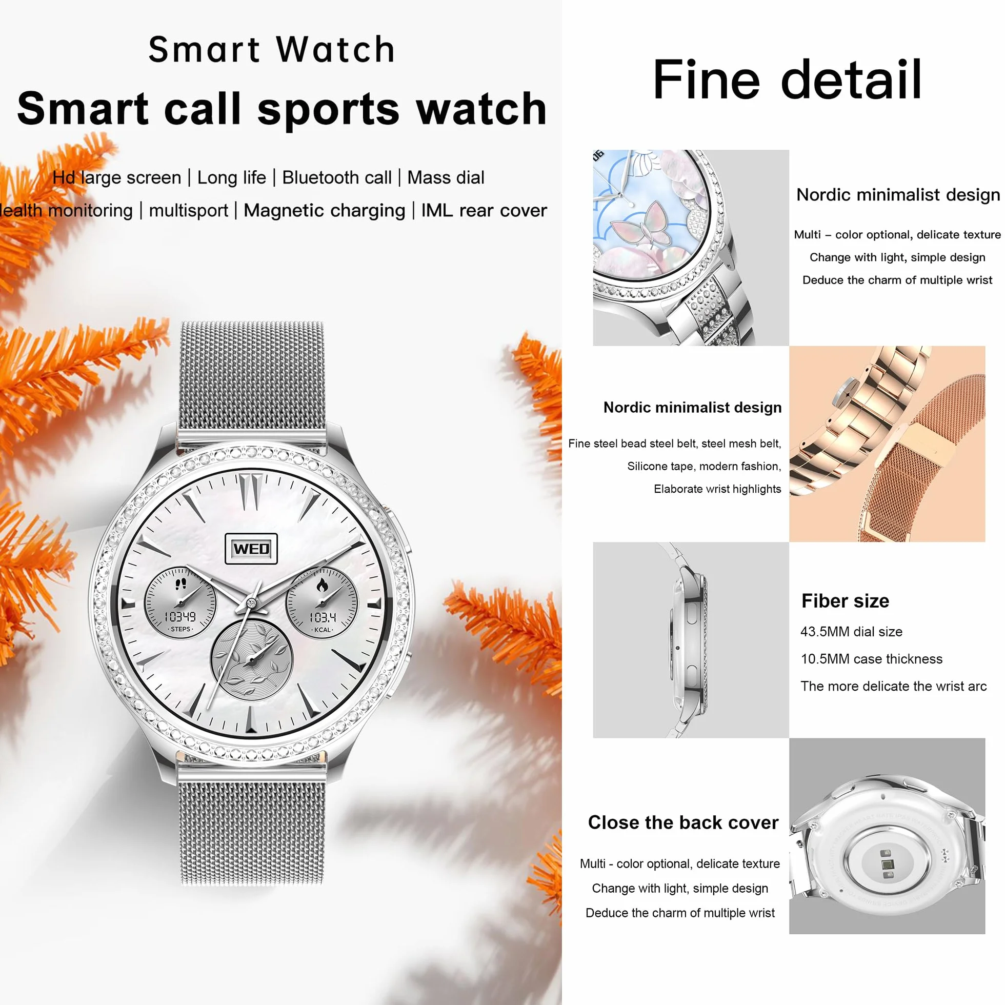 Smartwatch damski z funkcją telefonu, 1,32" diament IP68, wodoszczelny zegarek sportowy z 123 trybami sportowymi, pomiar ciśnienia krwi, tętna, krokomierz, 3 paski, zegarek fitness do iOS Android