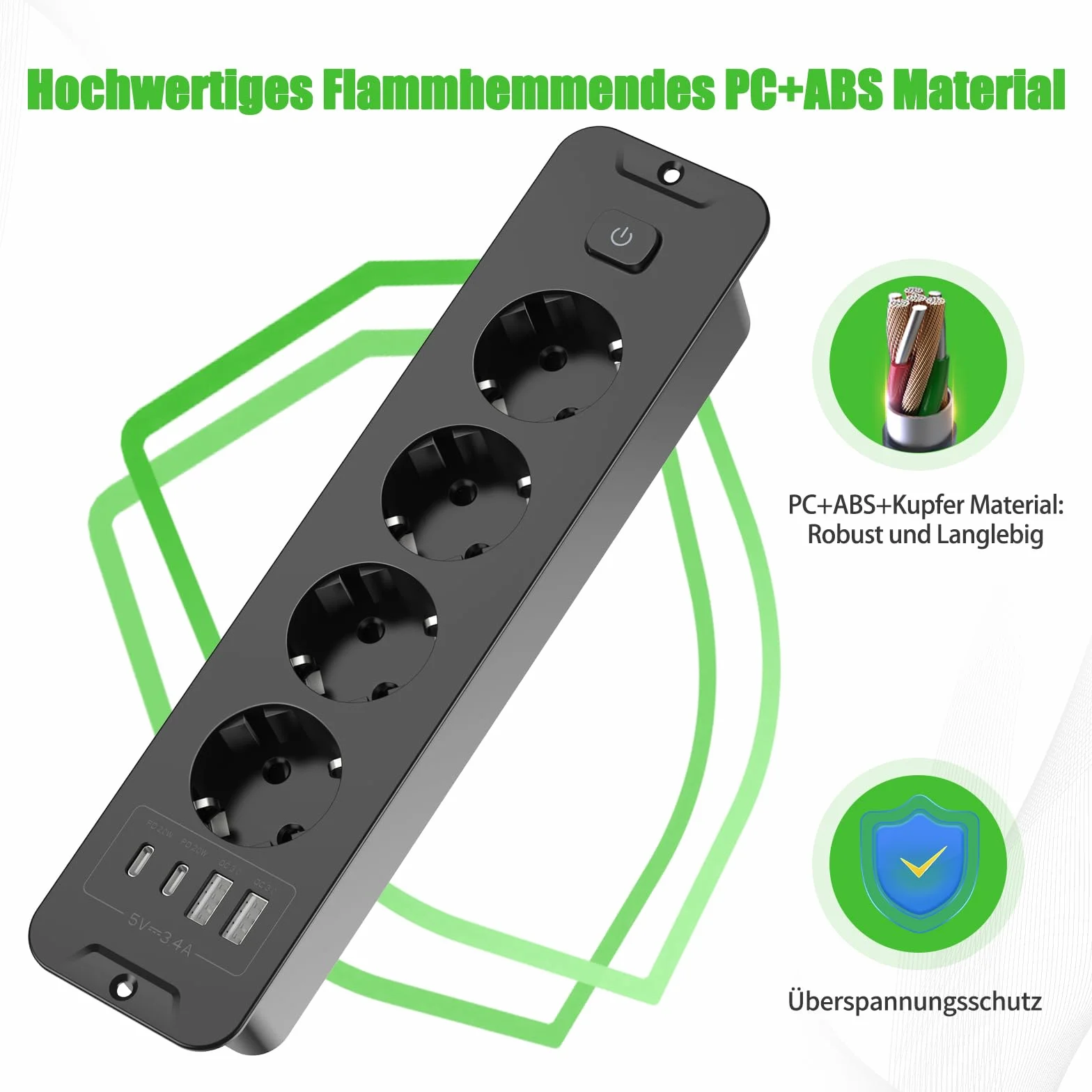 Listwa zasilająca z 4 gniazdami wtykowymi do zabudowy, z 4 gniazdami USB, gniazdko stołowe z 2 USB C, blat stołu, wpuszczane gniazdko elektryczne, kabel 3 m, kolor czarny